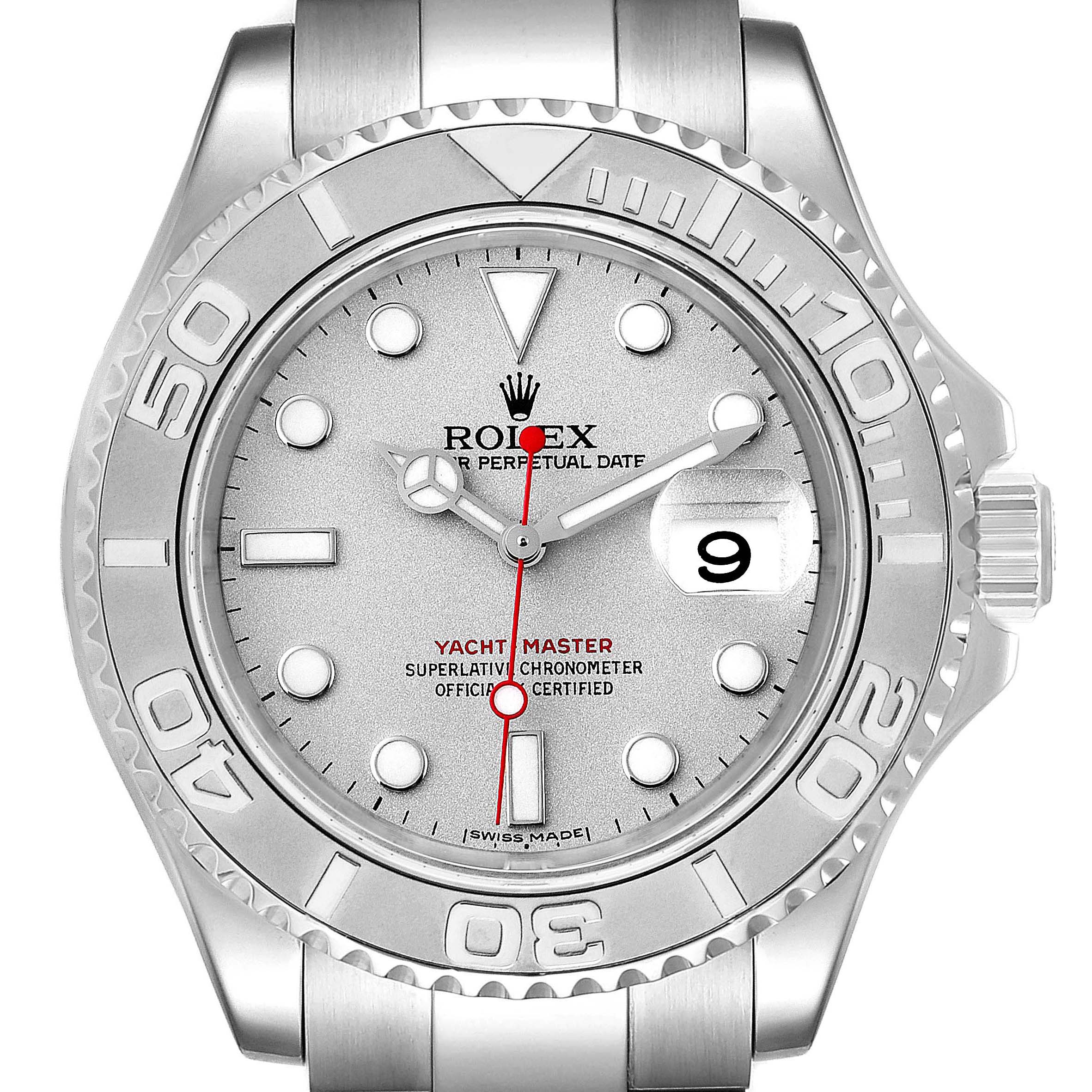 This Rolex Yacht-Master 16622 Men's Stainless Steel Silver Dial 16622 Men's Stainless Steel Silver Dial watch is shown from a front angle, highlighting its dial, bezel, and part of the bracelet.