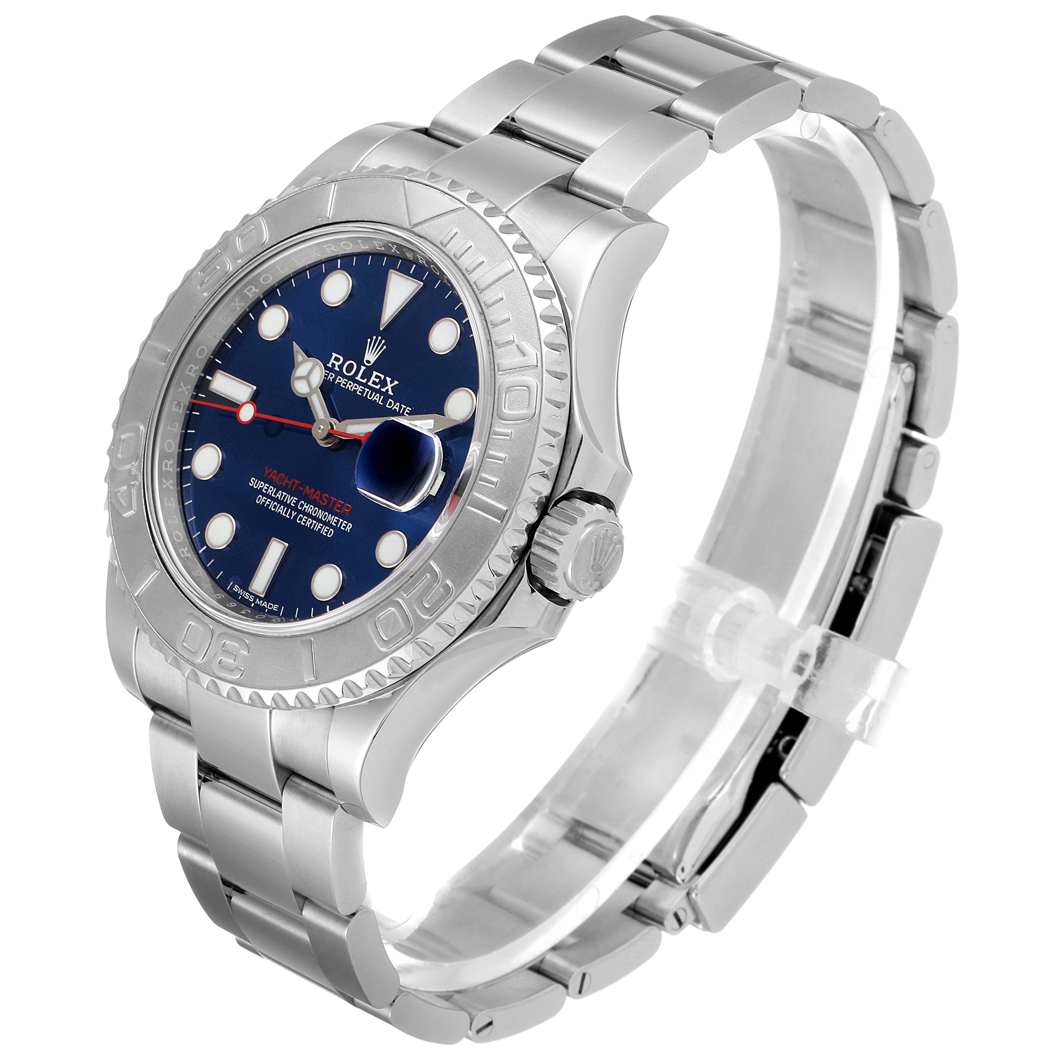 The Rolex Yacht-Master 116622 Men
s Stainless Steel Blue Dial 116622 Men
s Stainless Steel Blue Dial watch is shown at a three-quarter angle, highlighting its dial, bezel, case, and metal bracelet.