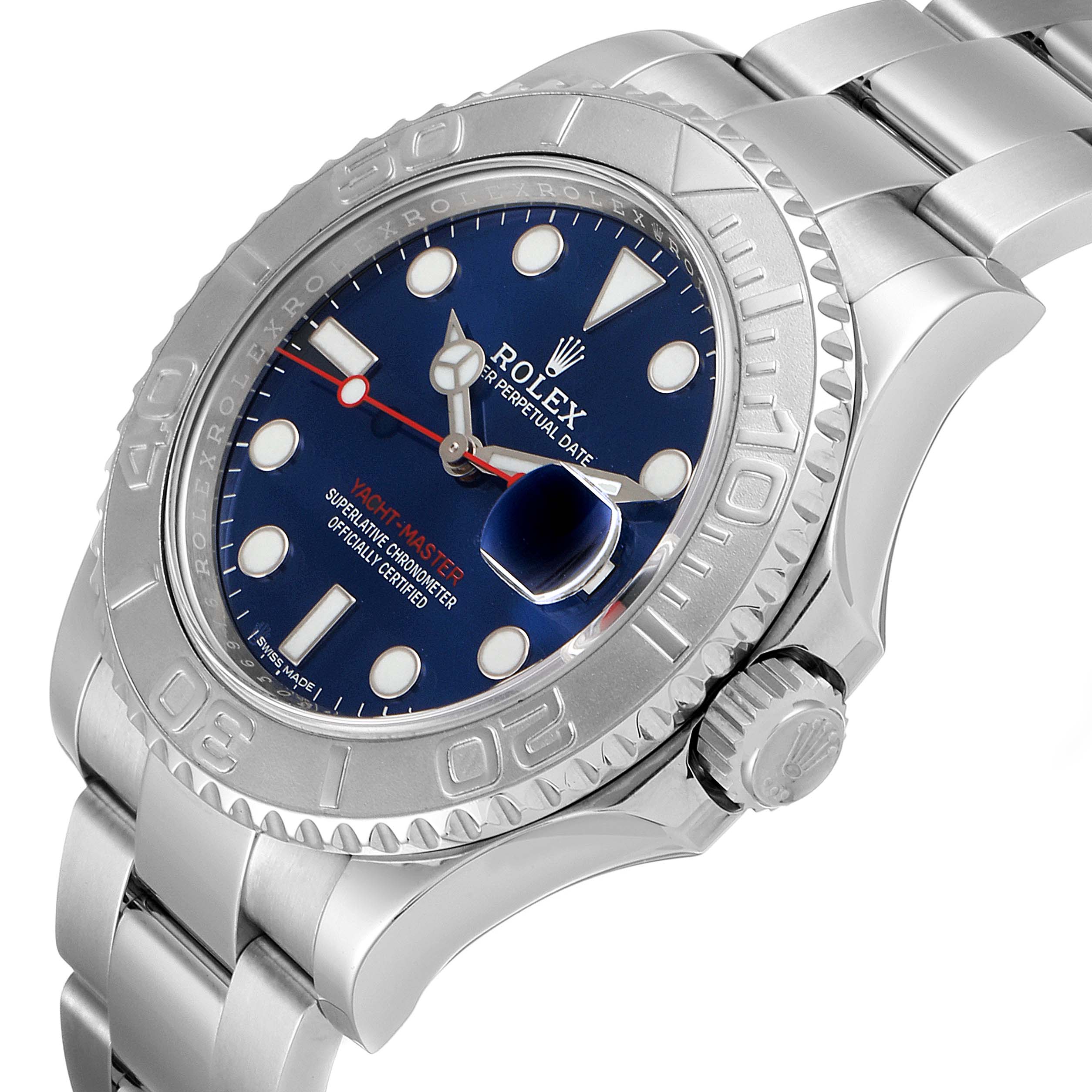This image shows a Rolex Yacht-Master 116622 Men
s Stainless Steel Blue Dial 116622 Men
s Stainless Steel Blue Dial watch at a slightly tilted angle, highlighting the face, bezel, crown, and part of the bracelet.