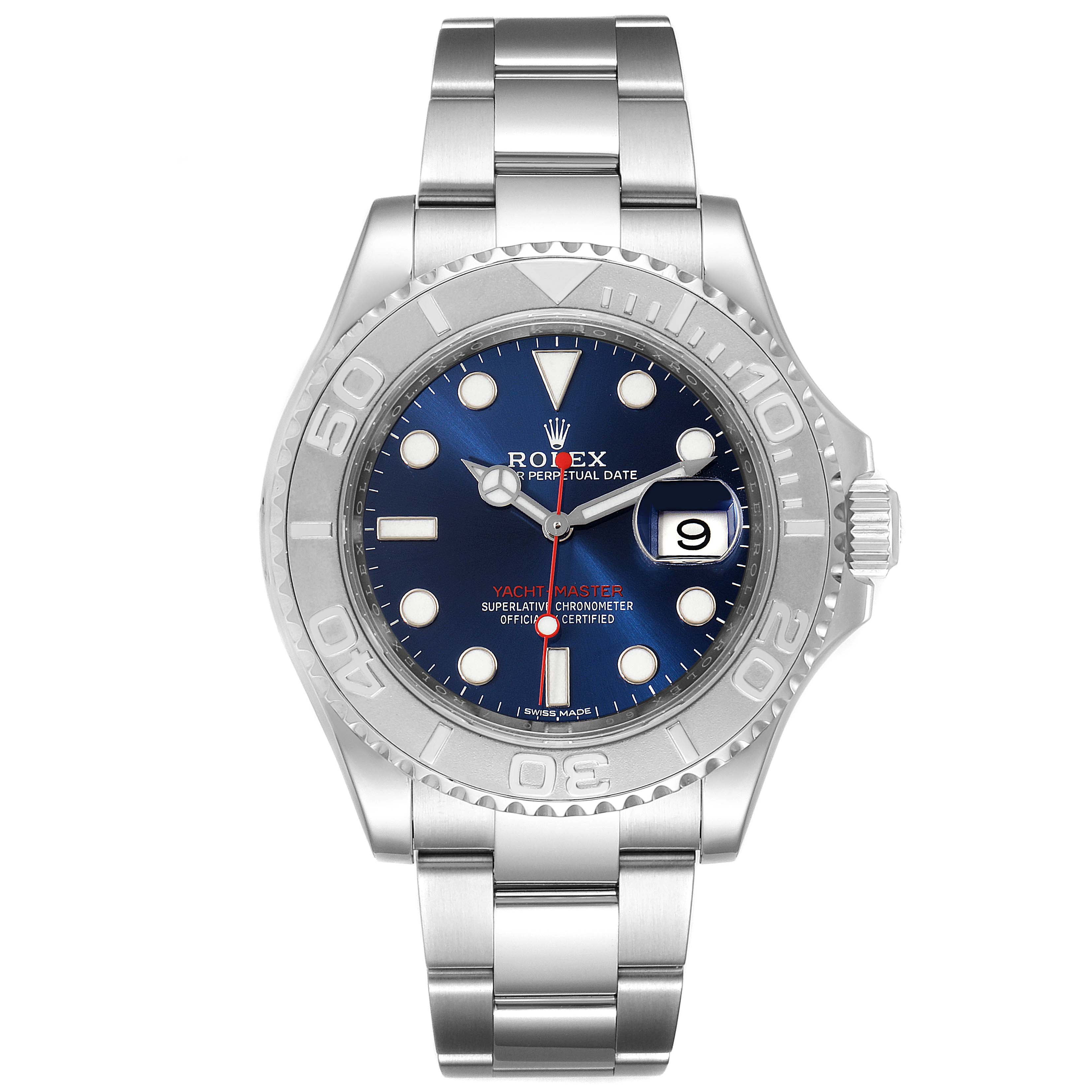 The image shows a front view of a Rolex Yacht-Master 116622 Men
s Stainless Steel Blue Dial 116622 Men
s Stainless Steel Blue Dial watch, highlighting its bezel, dial, and bracelet.