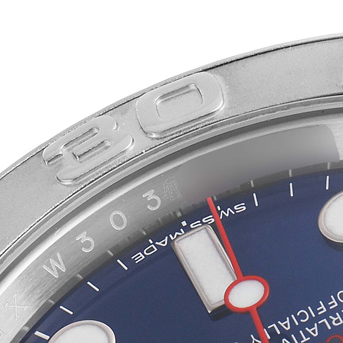 This close-up image shows the bezel with the number "30" and part of the blue dial with markers of the Rolex Yacht-Master 116622 Men
s Stainless Steel Blue Dial 116622 Men
s Stainless Steel Blue Dial watch.