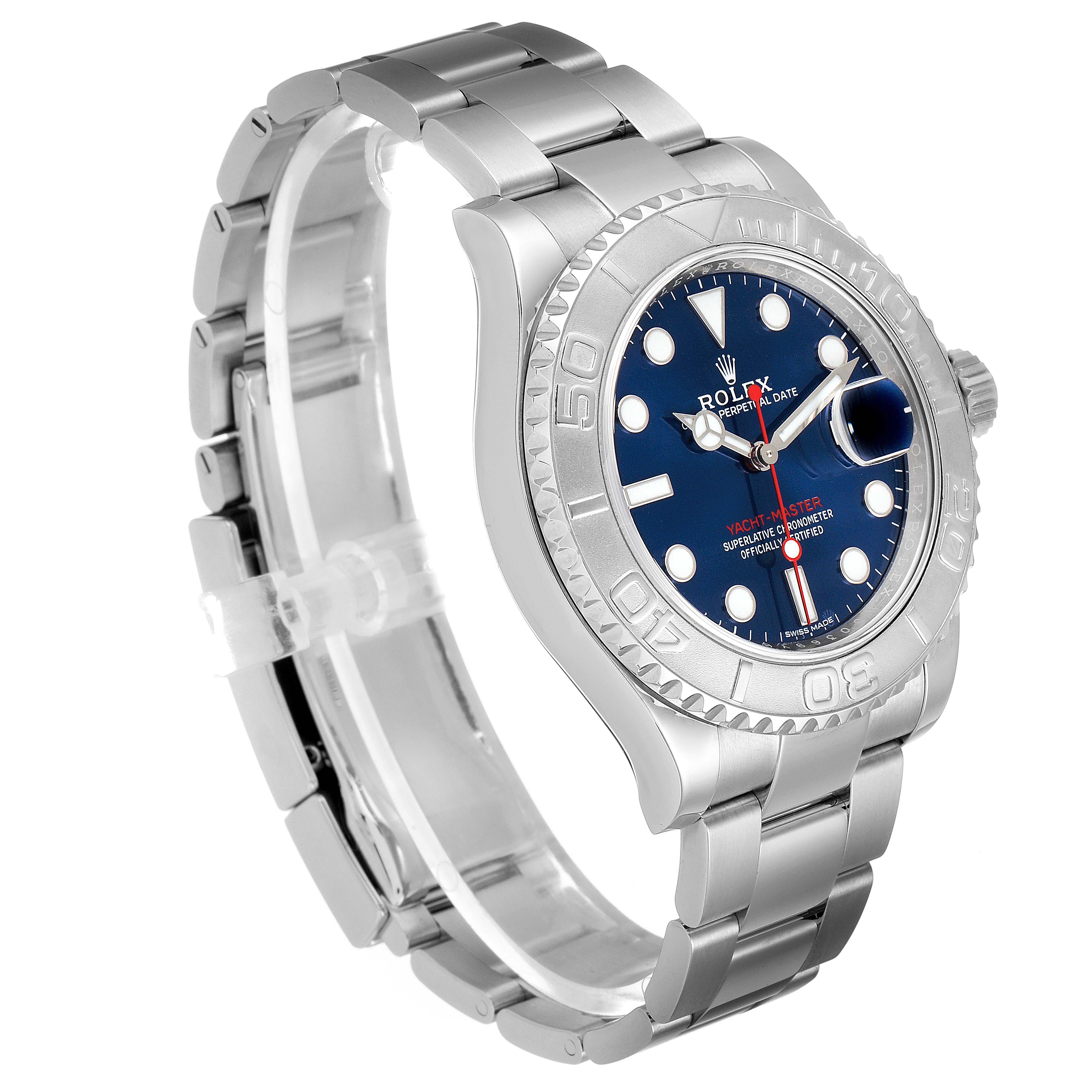 The Yacht-Master Rolex watch is shown from a front-side angle displaying the dial, bezel, and bracelet.