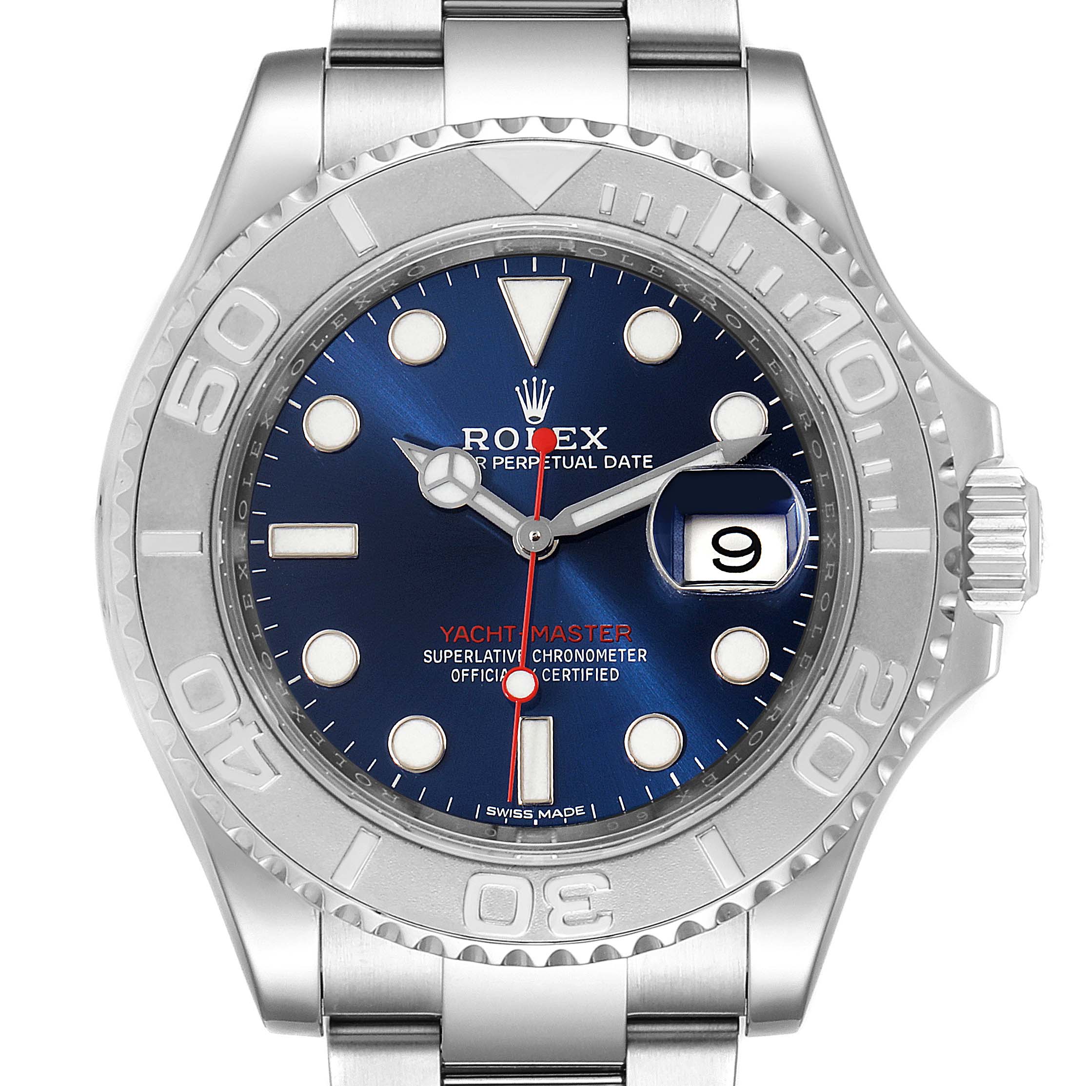 This image shows a front view of the Rolex Yacht-Master 116622 Men
s Stainless Steel Blue Dial 116622 Men
s Stainless Steel Blue Dial watch, highlighting the dial, bezel, crown, and bracelet.