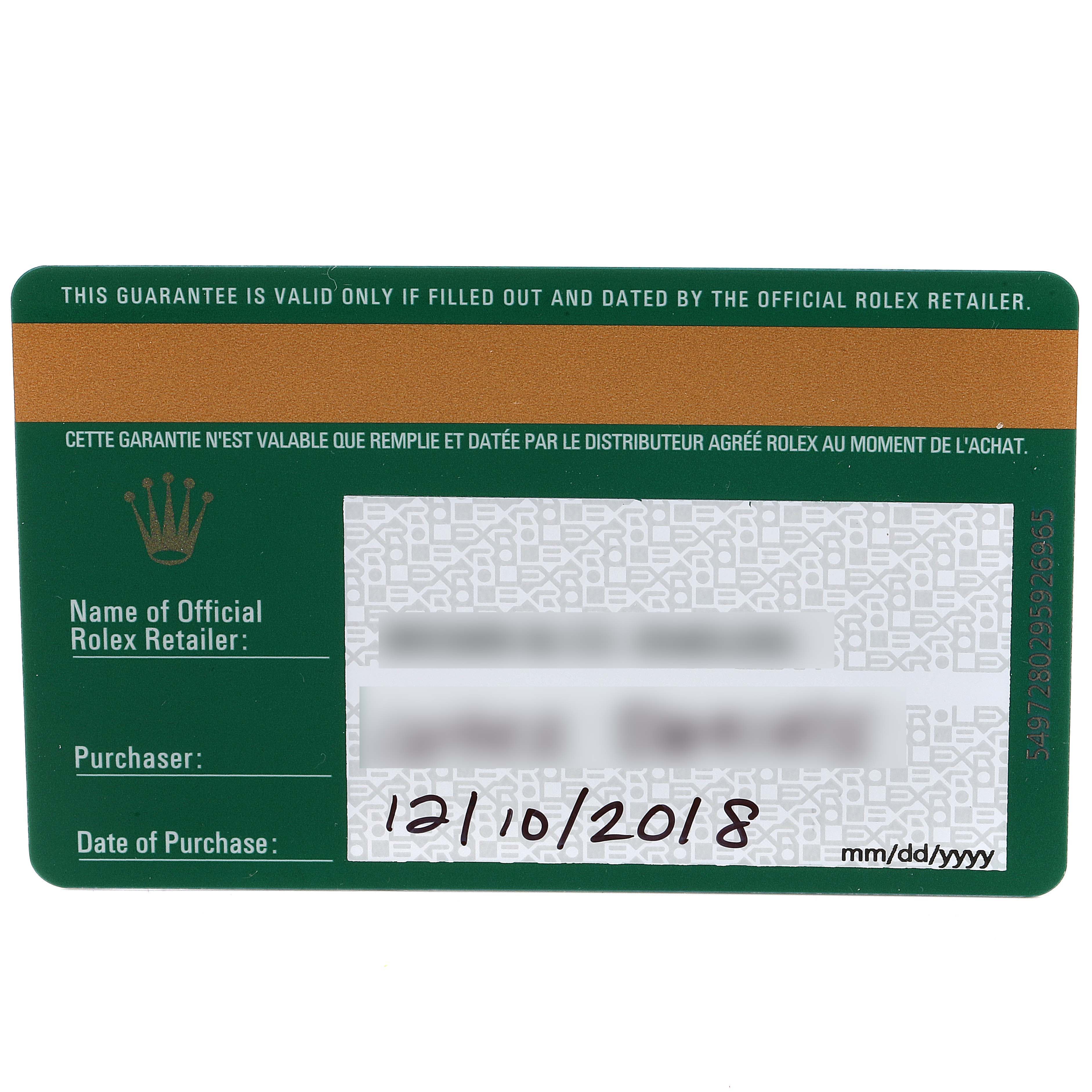 This image shows a warranty card for the Yacht-Master model by Rolex, displaying retailer, purchaser, and purchase date.