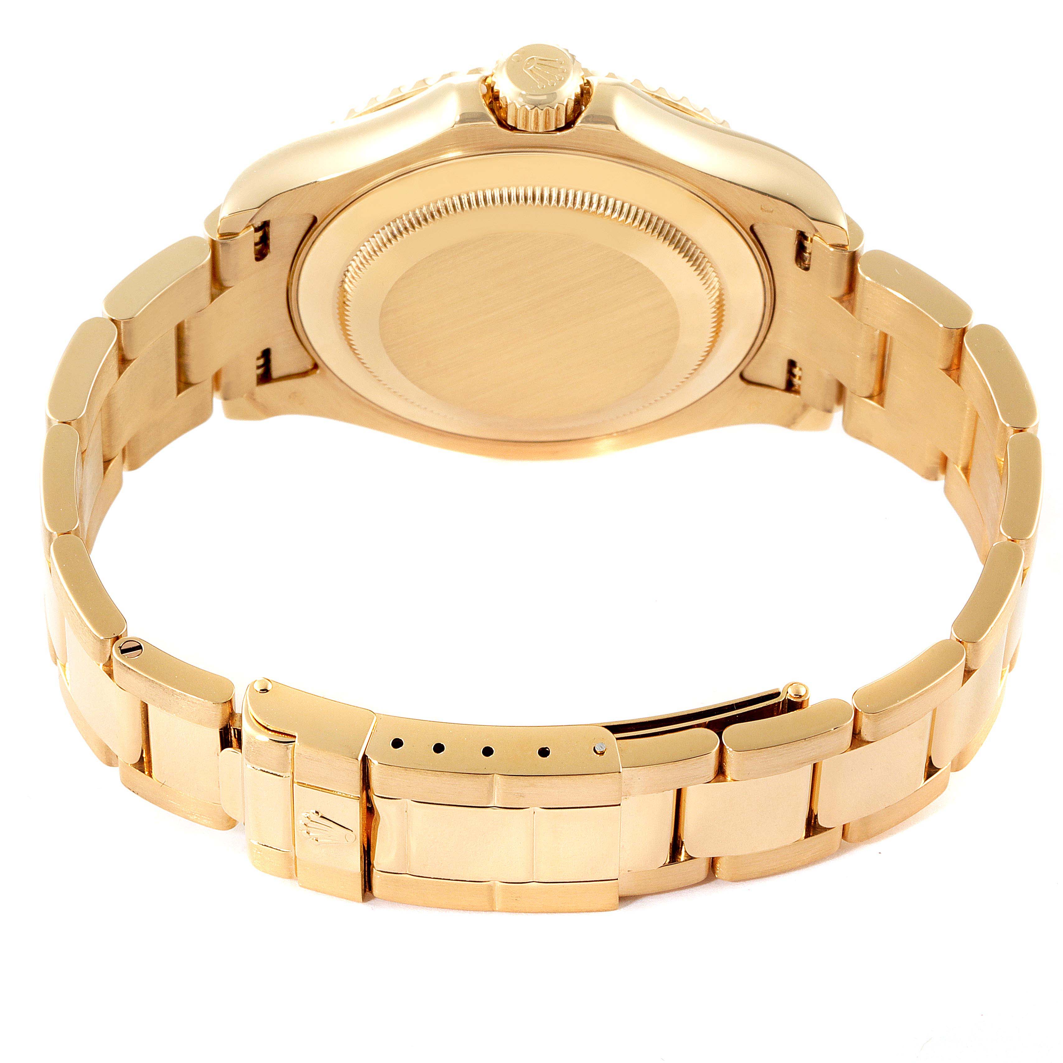 This image shows the back case and bracelet of the Rolex Yacht-Master 16628 Men's Yellow Gold White Dial 16628 Men's Yellow Gold White Dial watch from a rear angle.