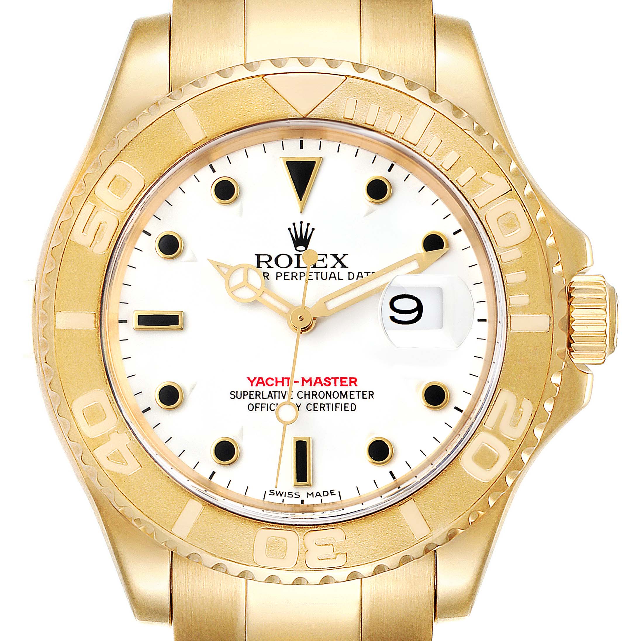 This image shows a front view of a Rolex Yacht-Master 16628 Men's Yellow Gold White Dial 16628 Men's Yellow Gold White Dial watch, highlighting its gold bezel, white dial, and date window.