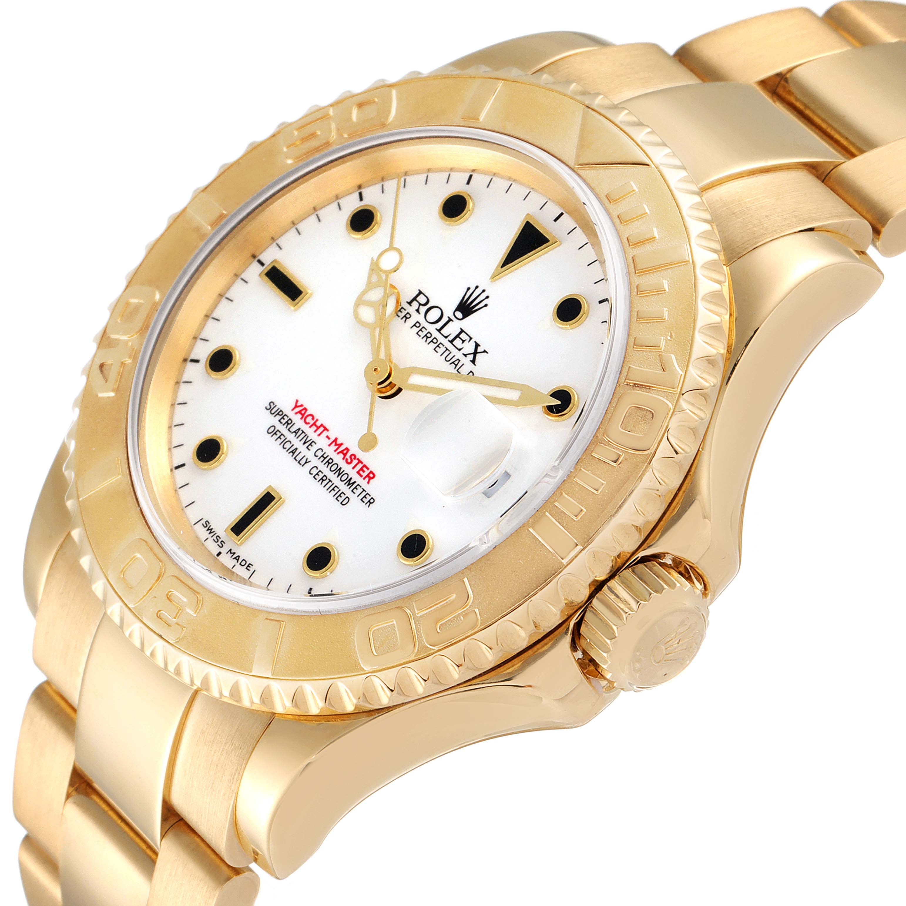 The Rolex Yacht-Master 16628 Men's Yellow Gold White Dial 16628 Men's Yellow Gold White Dial watch is shown at a slight angle, highlighting the face, bezel, crown, and part of the band.