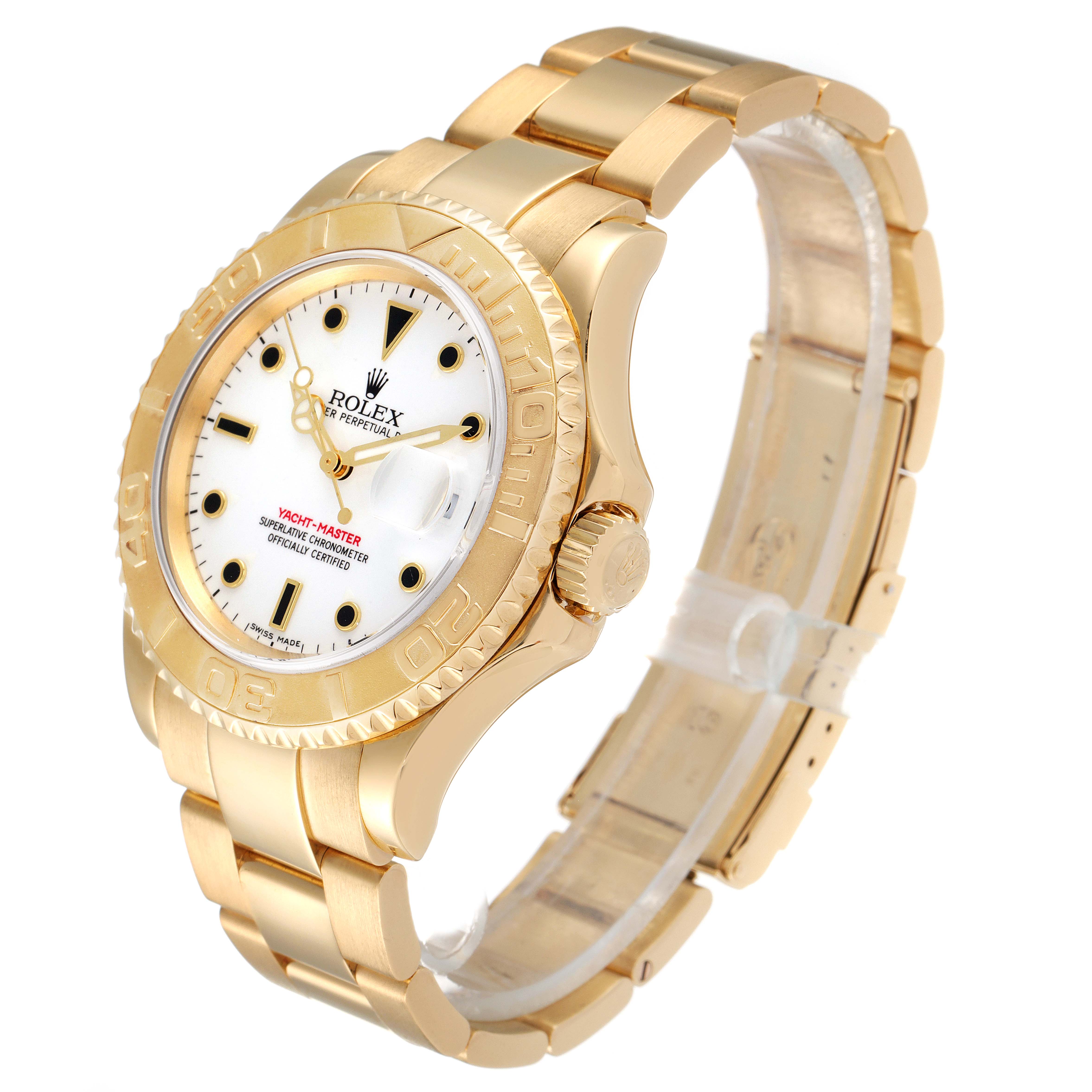 The image displays a gold Rolex Yacht-Master 16628 Men's Yellow Gold White Dial 16628 Men's Yellow Gold White Dial watch at a three-quarter angle, showcasing its face, bezel, crown, and bracelet.