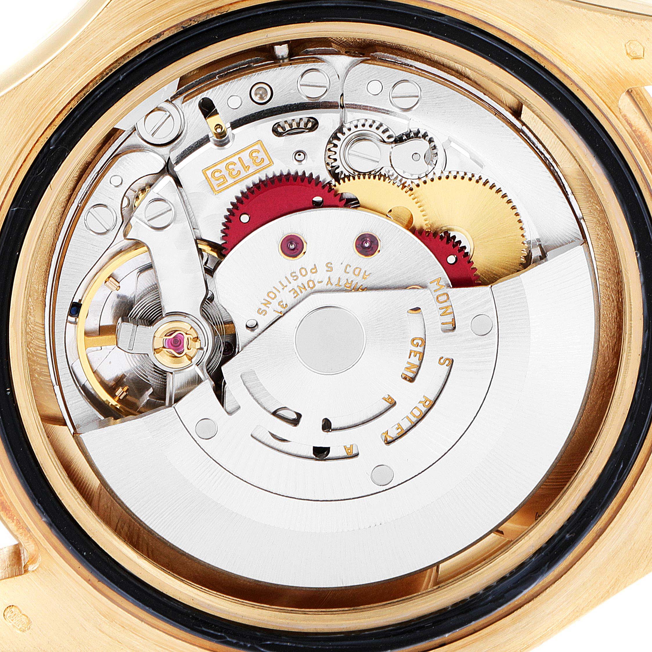 This image shows the internal movement of a Rolex Yacht-Master 16628 Men's Yellow Gold White Dial 16628 Men's Yellow Gold White Dial watch, viewed from the back.