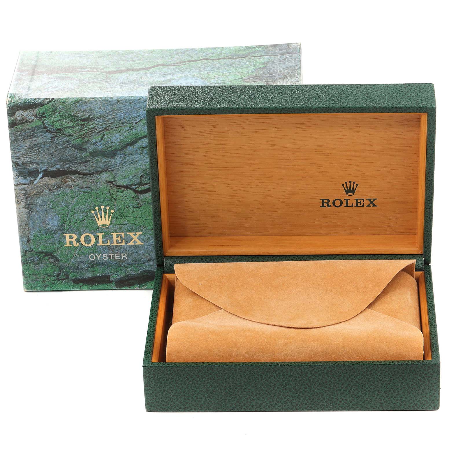 The image shows a Rolex Yacht-Master 16628 Men's Yellow Gold White Dial 16628 Men's Yellow Gold White Dial watch box, including the outer box and inner presentation box, both open.
