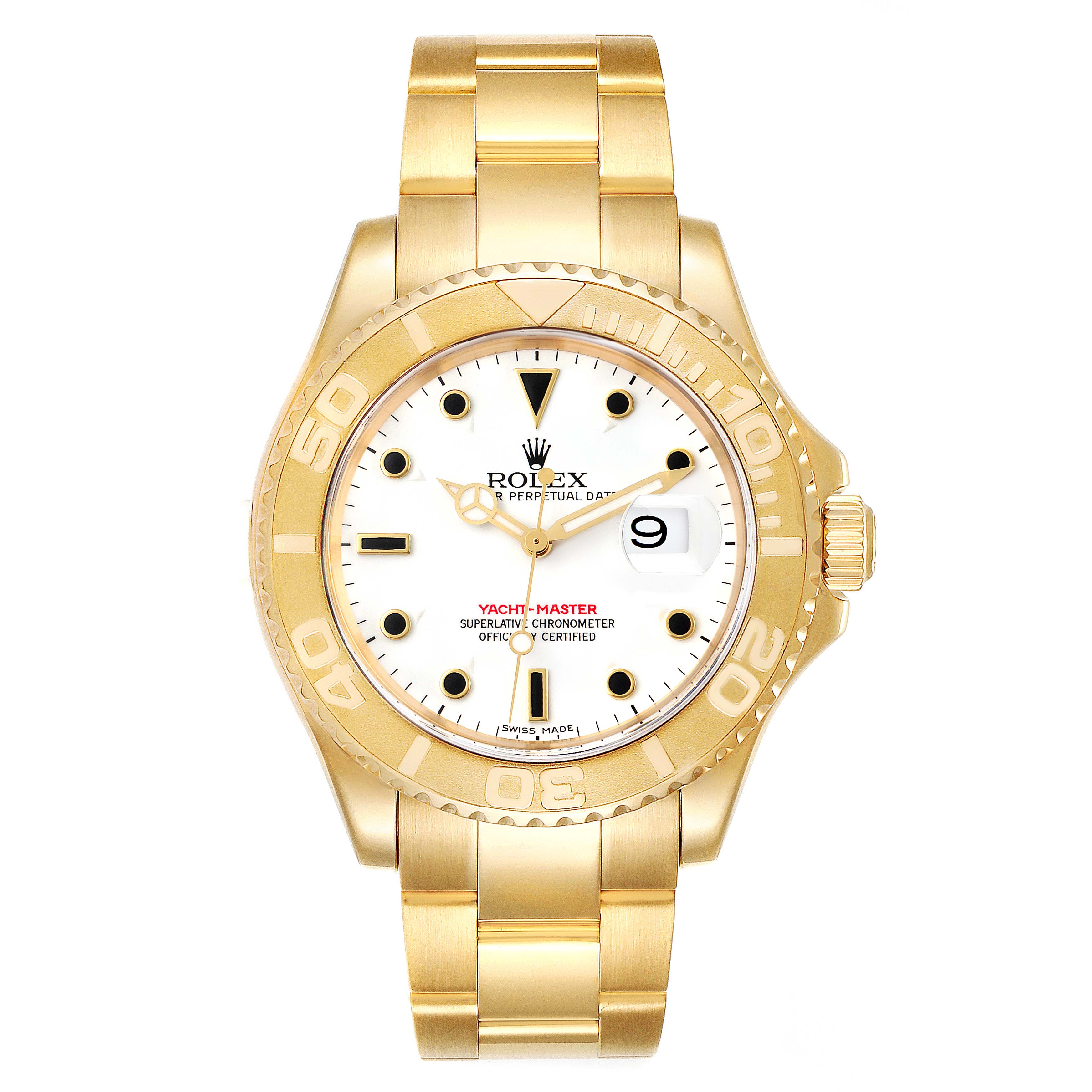 This image shows a front view of a Rolex Yacht-Master 16628 Men's Yellow Gold White Dial 16628 Men's Yellow Gold White Dial watch, displaying the dial, bezel, and bracelet.