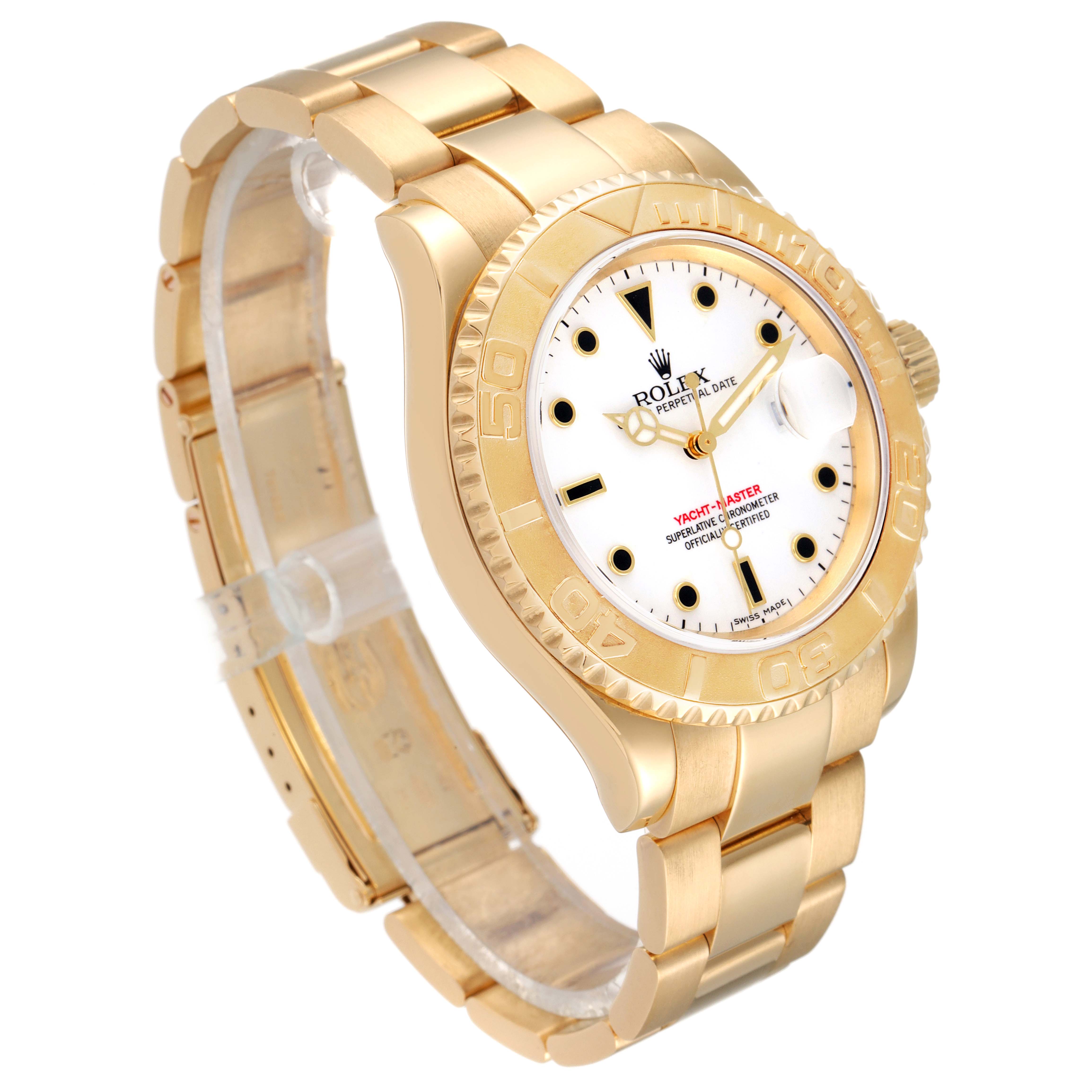 The image shows a Rolex Yacht-Master 16628 Men's Yellow Gold White Dial 16628 Men's Yellow Gold White Dial watch angled slightly to the right, highlighting the gold bracelet, bezel, and white dial.