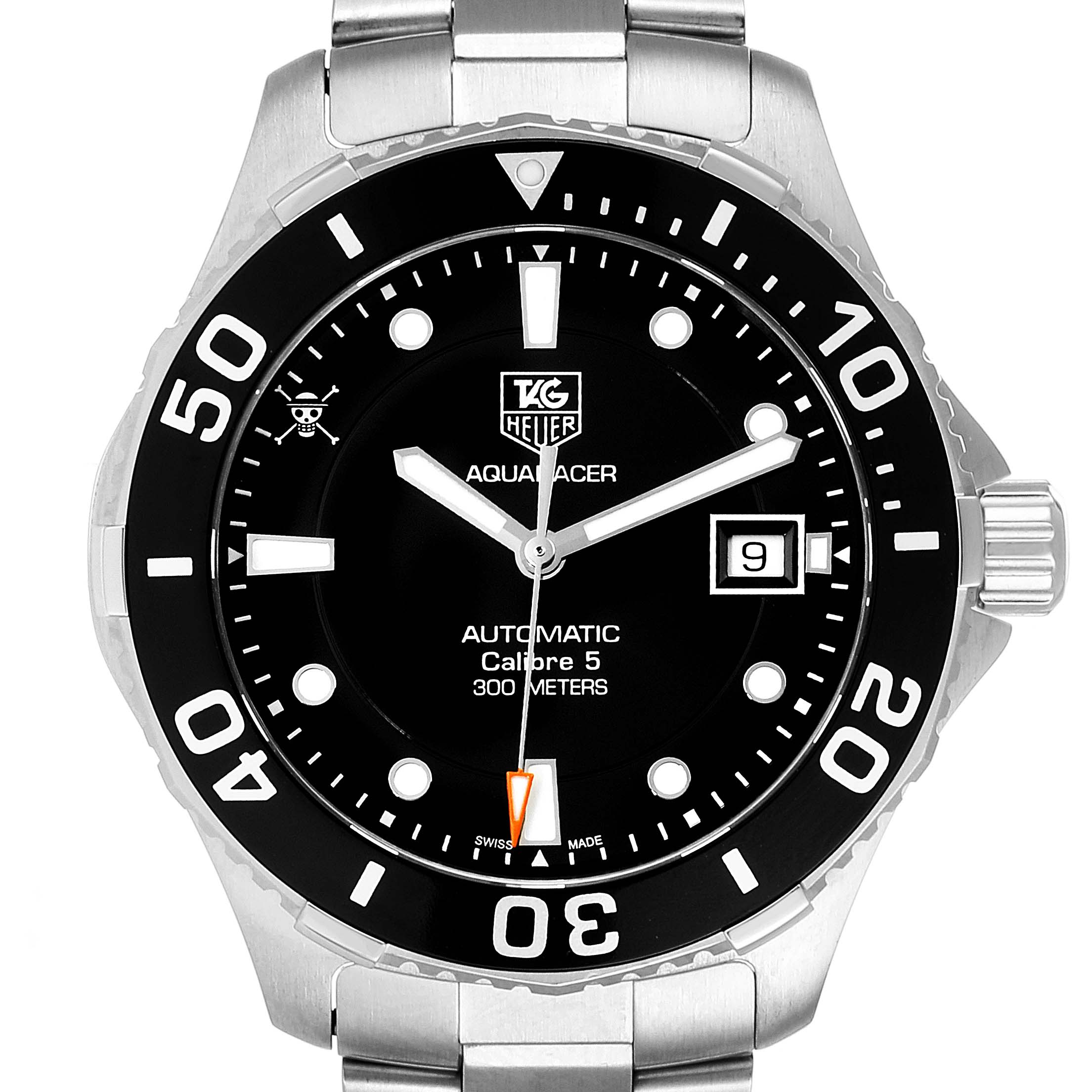 This image shows a front view of the Tag Heuer Aquaracer Limited Edition Calibre 5, highlighting the dial, bezel, and bracelet.
