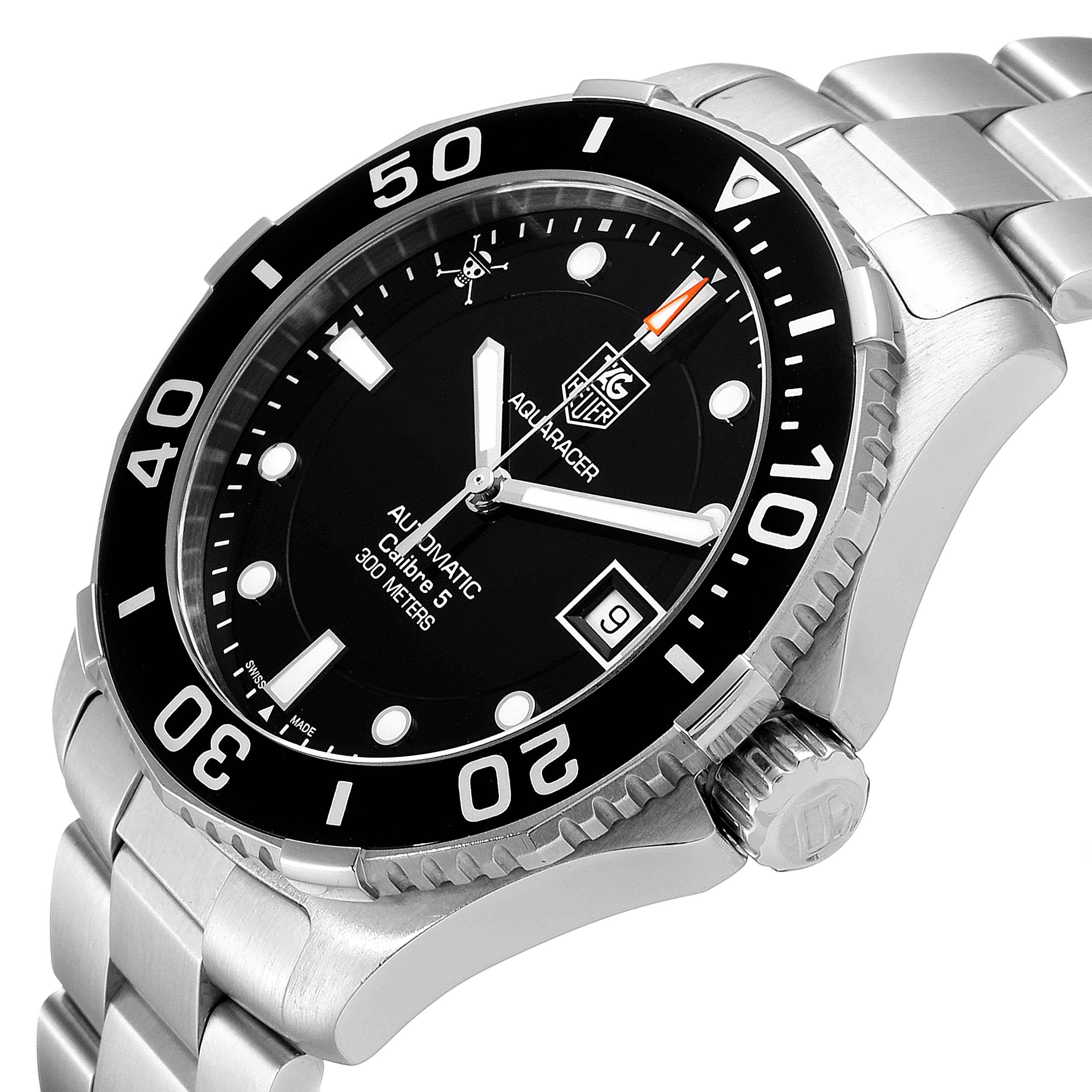This image shows a side angle of the Limited Edition Tag Heuer Aquaracer, highlighting the watch face, bezel, crown, and part of the bracelet.