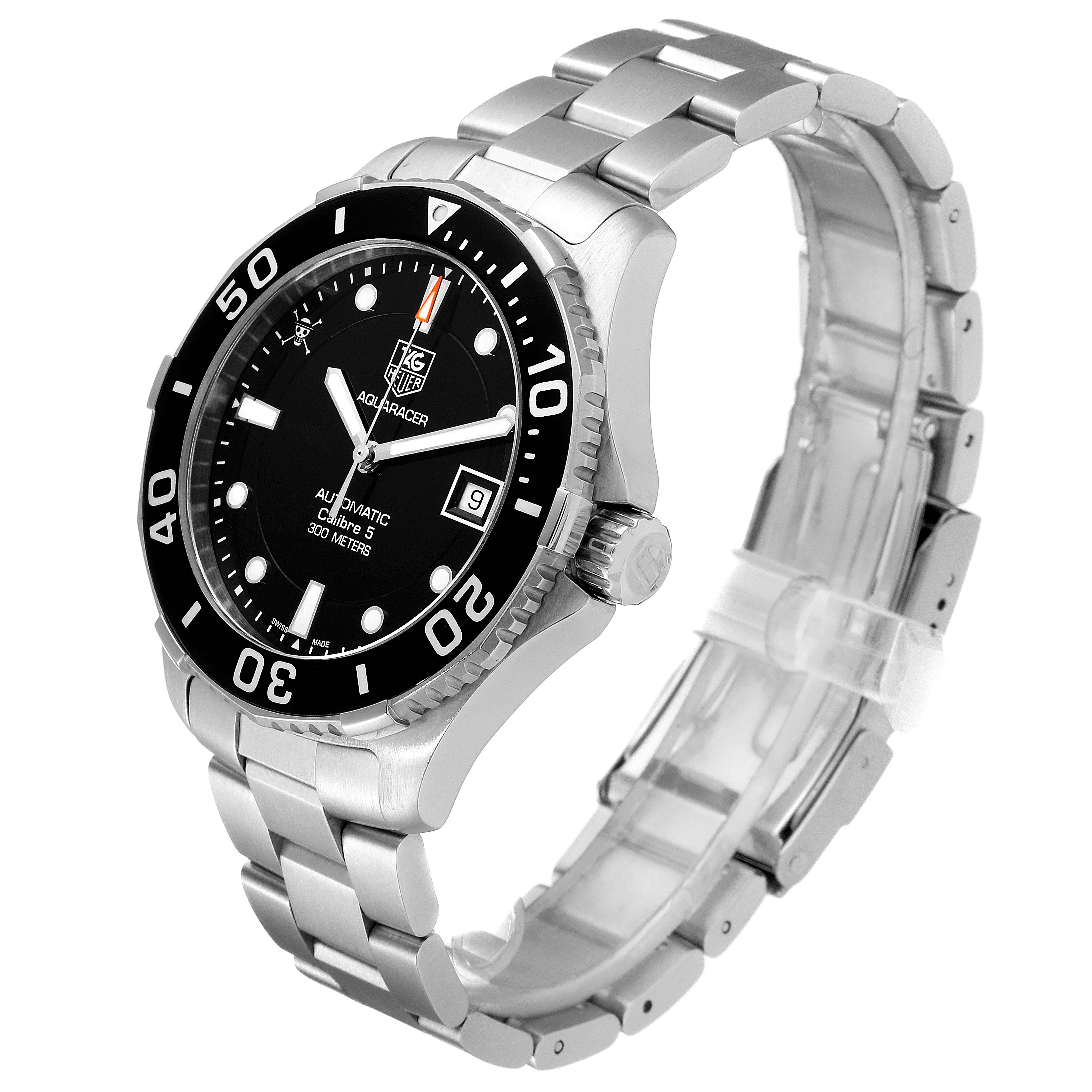 The image shows a Tag Heuer Aquaracer Automatic Calibre 5 Limited Edition watch at a tilted angle, highlighting its bezel, dial, and stainless steel bracelet.