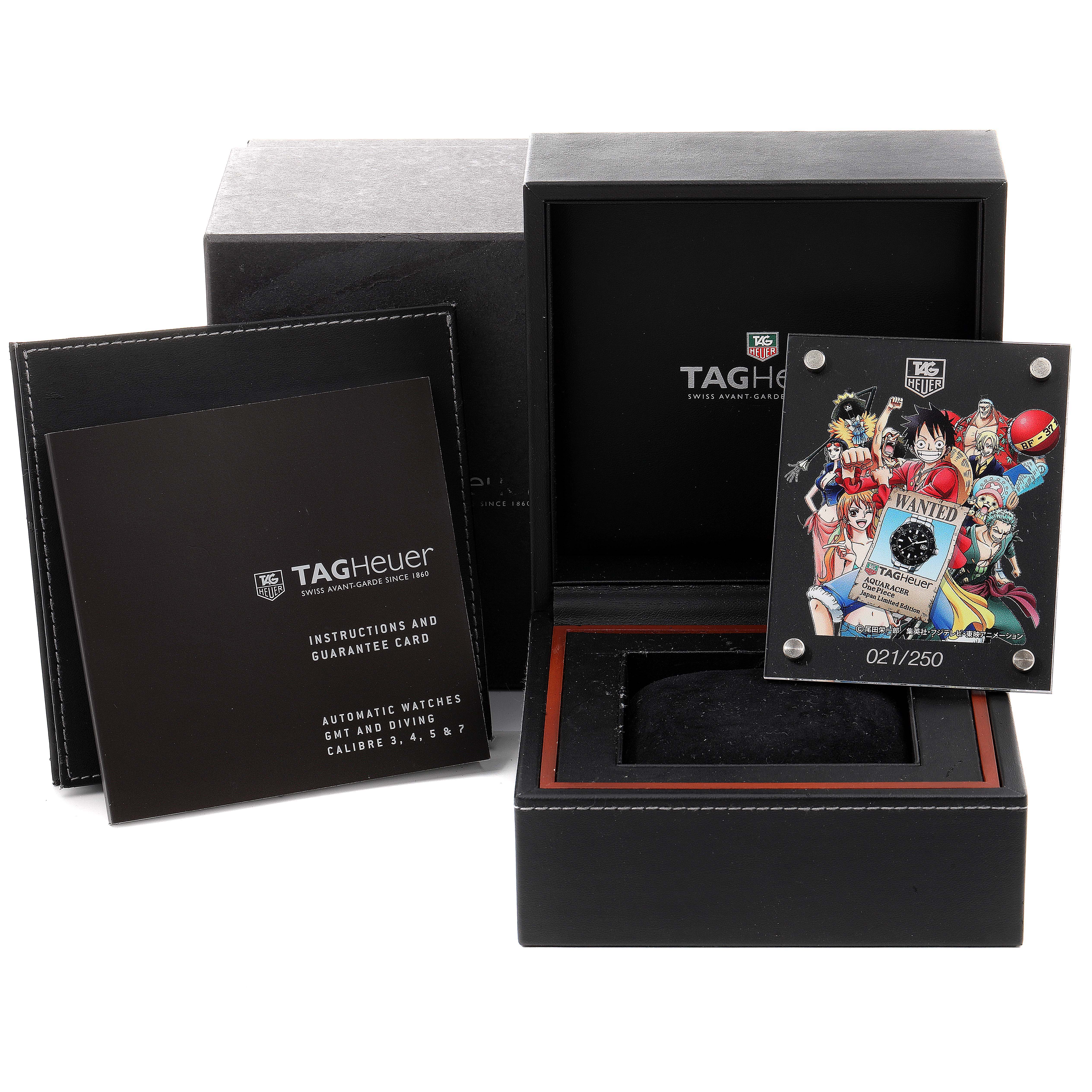 The image shows the box, instruction manual, and a limited edition card for a Tag Heuer Limited Edition WAY2114 Men
s Stainless Steel Black Dial WAY2114 Men
s Stainless Steel Black Dial watch.