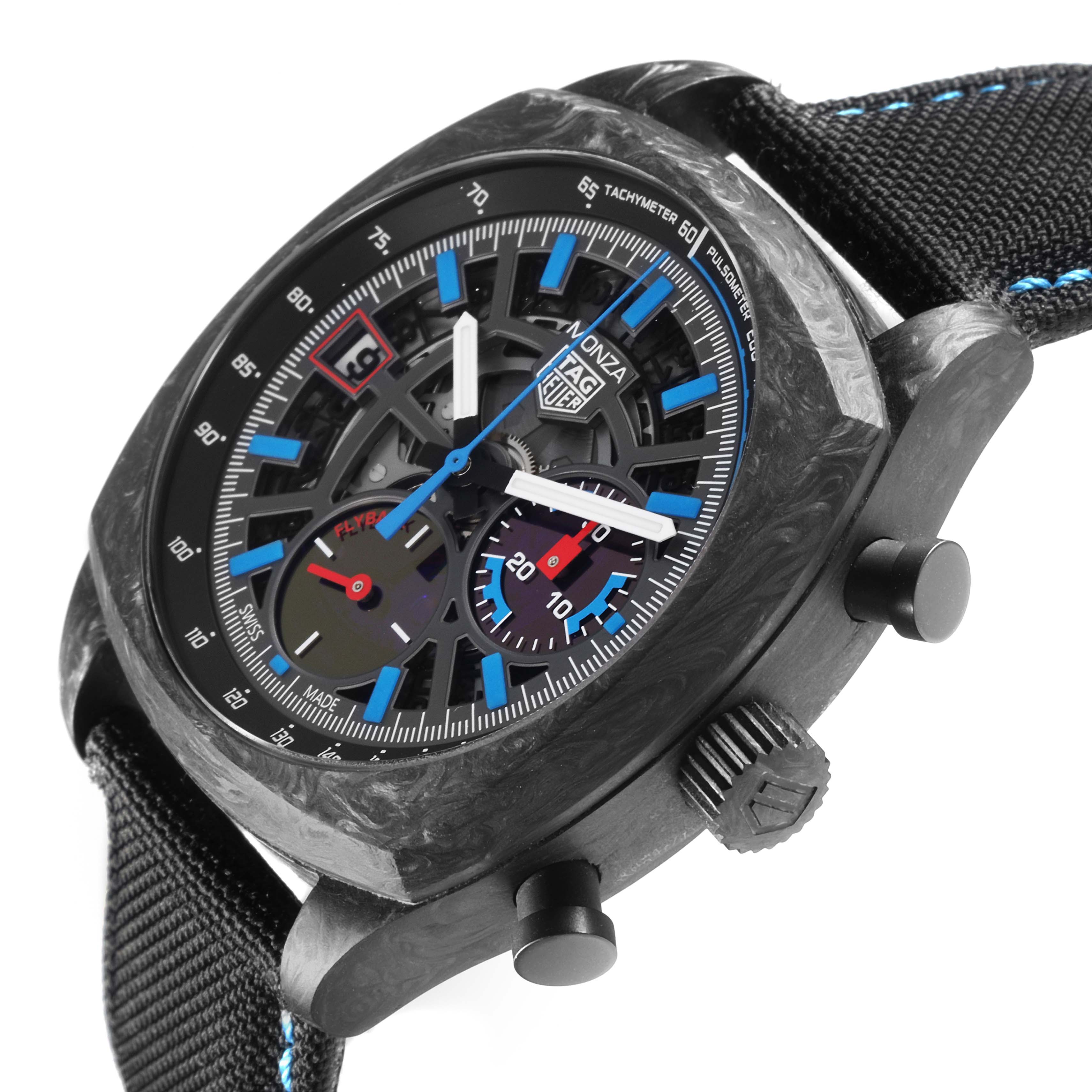 The Tag Heuer Monza CR5090.FN6001 Men's Ceramic Transparent Dial CR5090.FN6001 Men's Ceramic Transparent Dial watch is shown at an angled view highlighting the dial, crown, pushers, and strap.