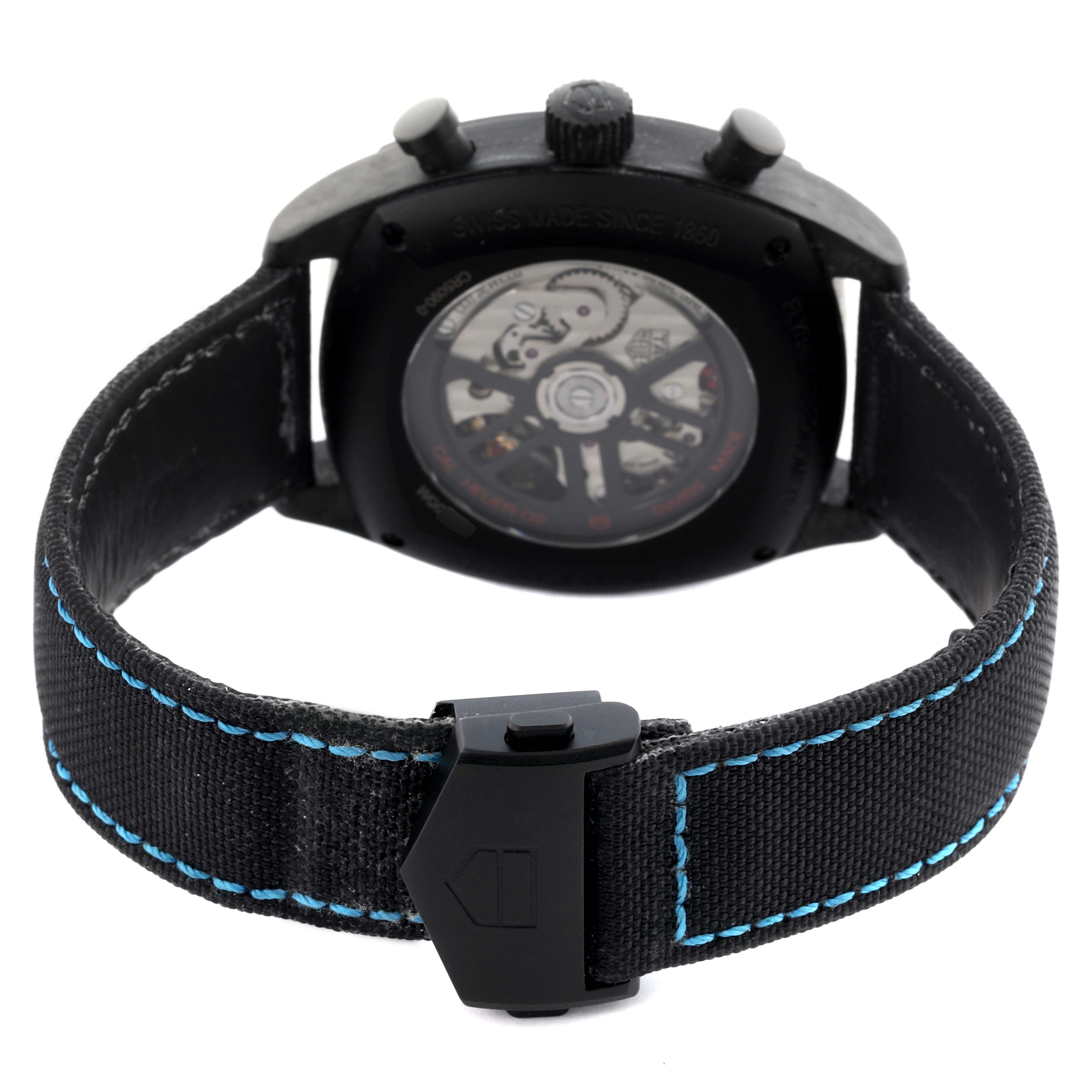 The Tag Heuer Monza CR5090.FN6001 Men's Ceramic Transparent Dial CR5090.FN6001 Men's Ceramic Transparent Dial watch is shown from the back, highlighting the strap and the transparent case back.