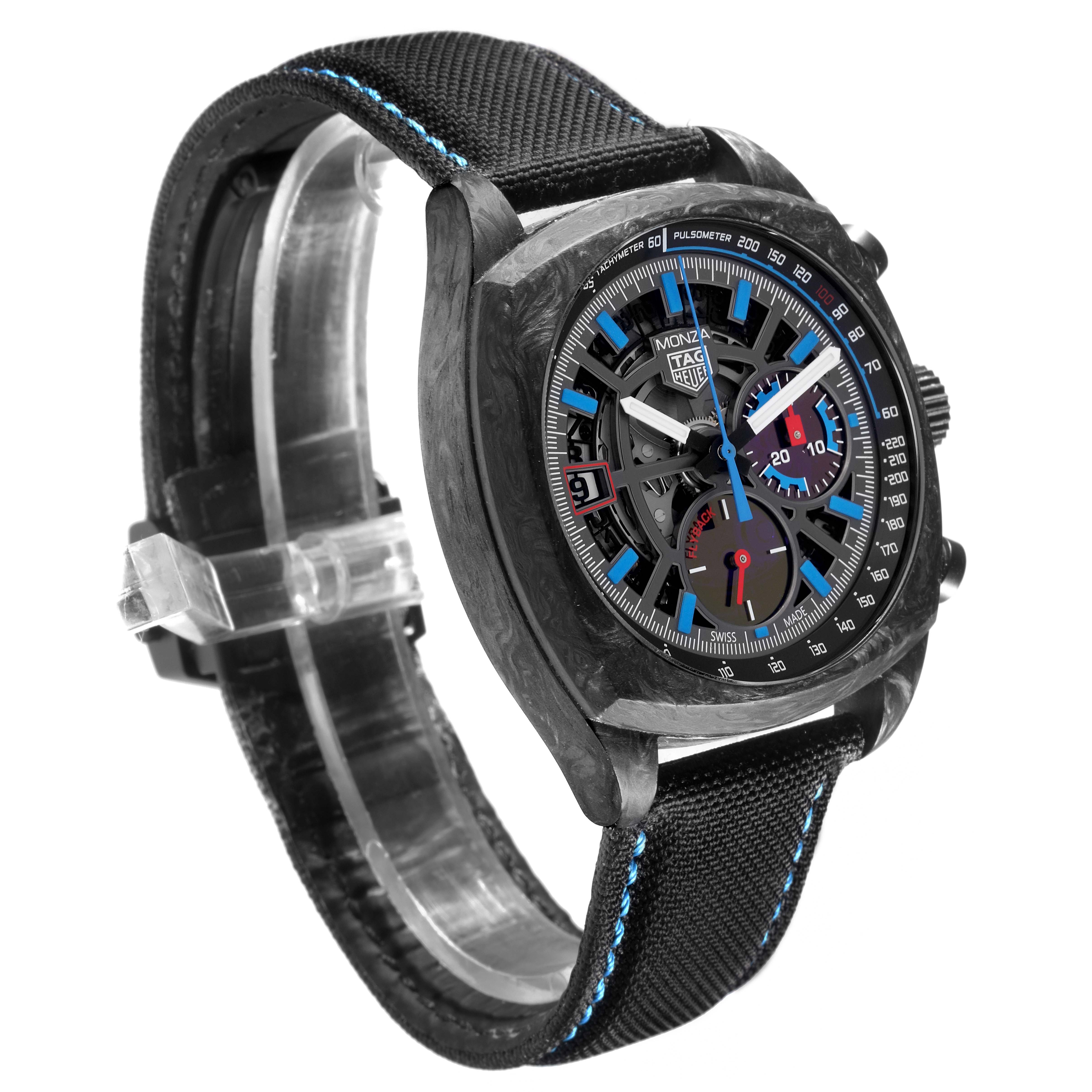 The Tag Heuer Monza CR5090.FN6001 Men's Ceramic Transparent Dial CR5090.FN6001 Men's Ceramic Transparent Dial watch is shown at a three-quarter angle, displaying the face, bezel, and strap with visible details.