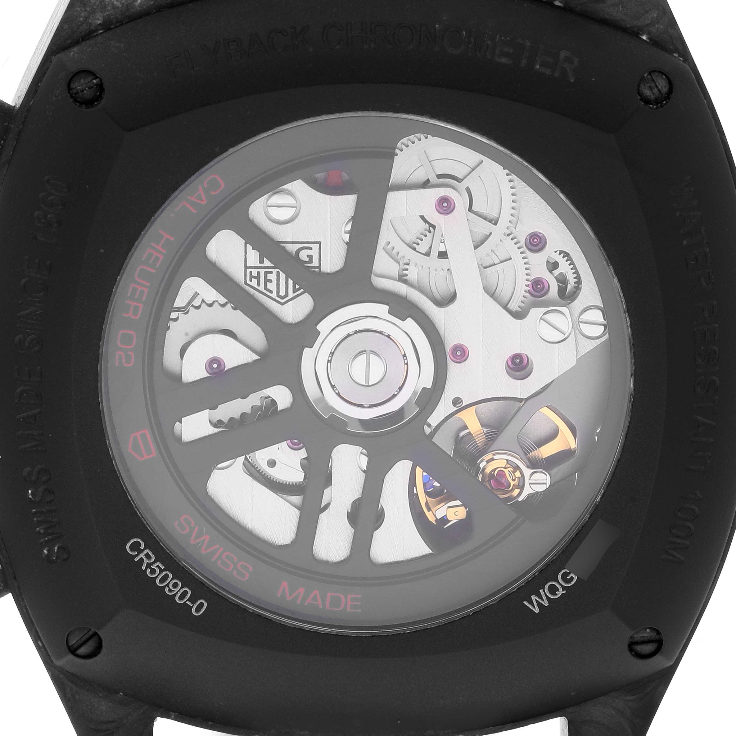 The image shows the back view of the Tag Heuer Monza CR5090.FN6001 Men's Ceramic Transparent Dial CR5090.FN6001 Men's Ceramic Transparent Dial, revealing the intricate internal movement mechanism.