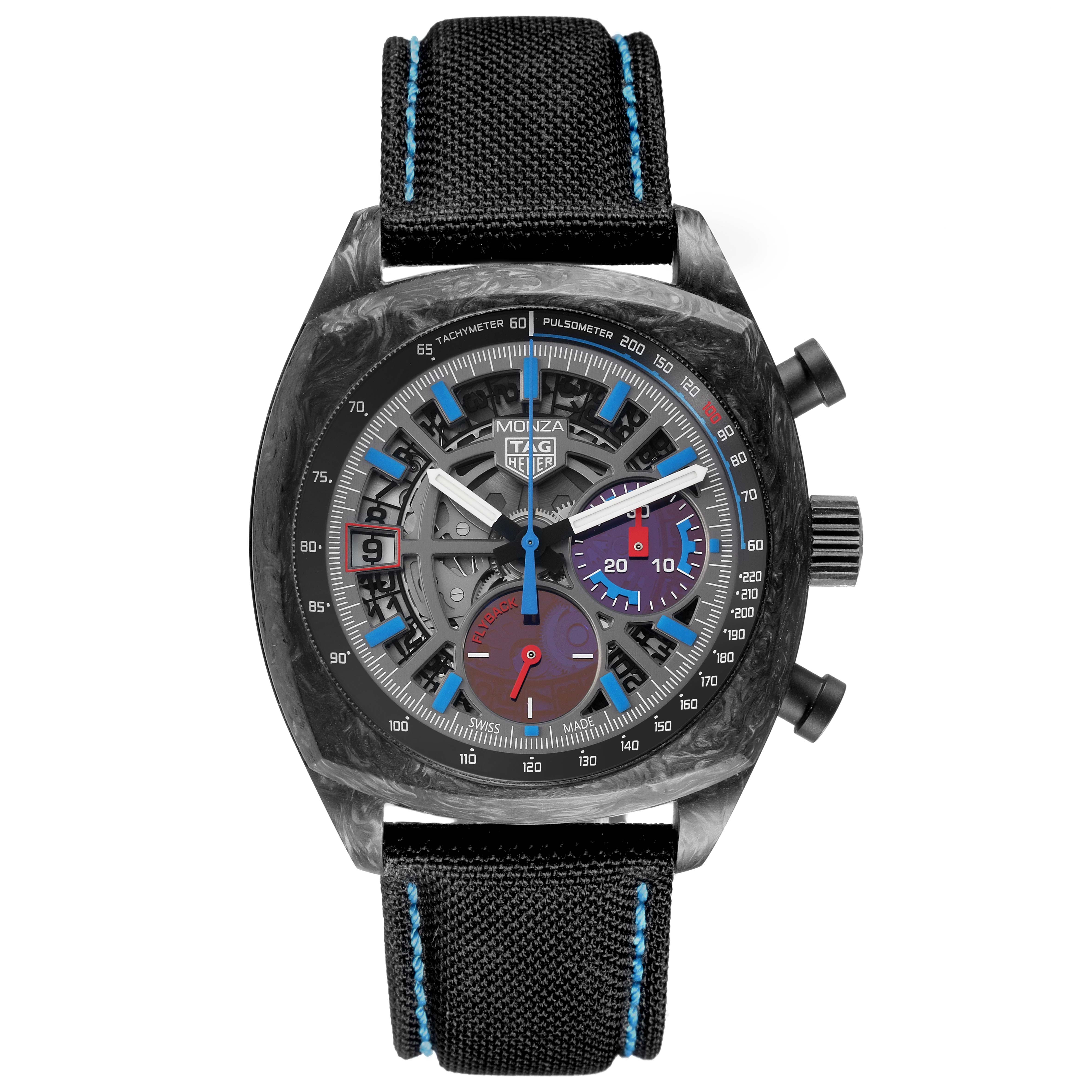 The Tag Heuer Monza CR5090.FN6001 Men's Ceramic Transparent Dial CR5090.FN6001 Men's Ceramic Transparent Dial watch is shown from the front, featuring its dial, case, pushers, and strap.