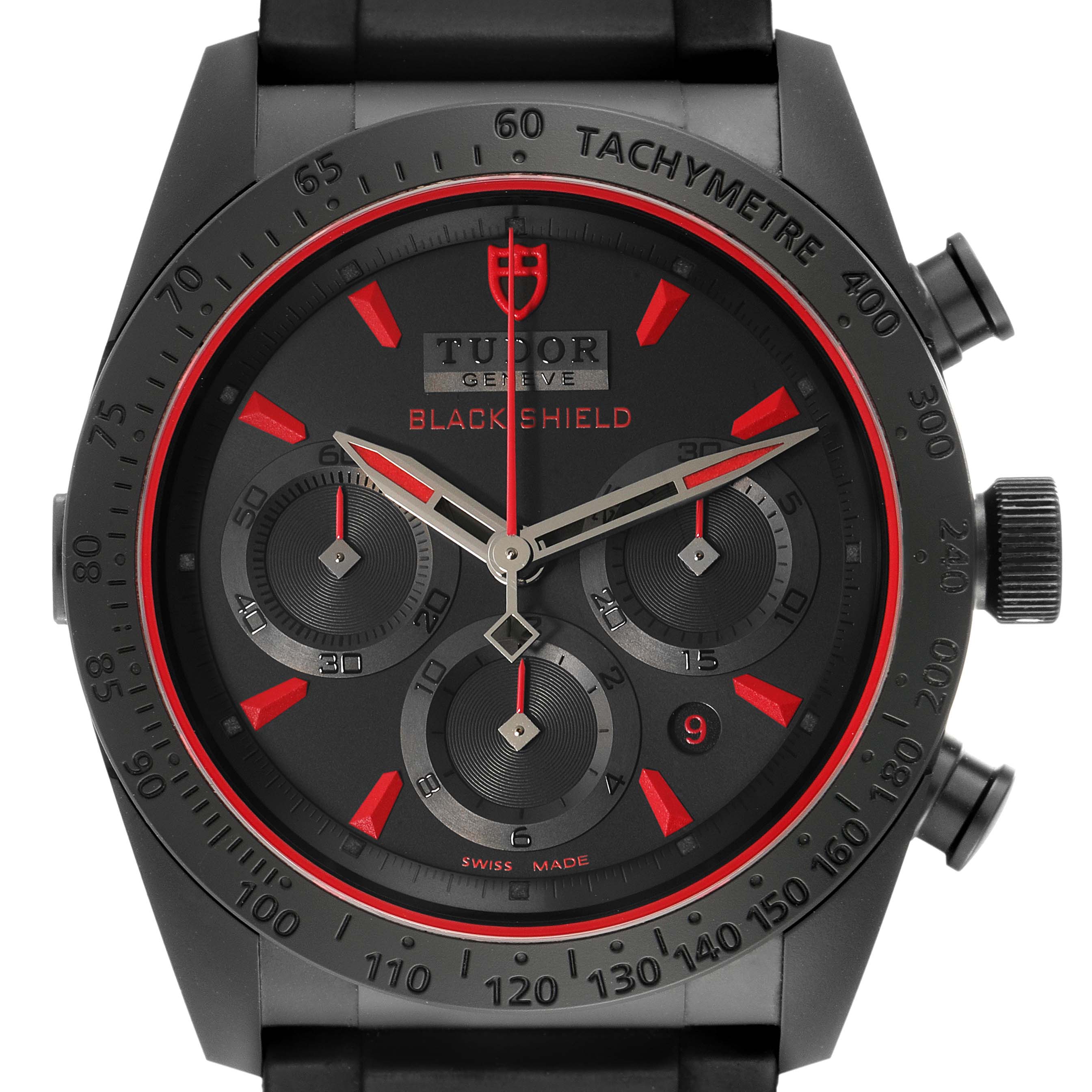 The image shows a front view of the Tudor Fastrider 42000CR Men's Ceramic Black Dial 42000CR Men's Ceramic Black Dial Black Shield watch displaying the dial, chronograph subdials, and the bezel with tachymeter markings.