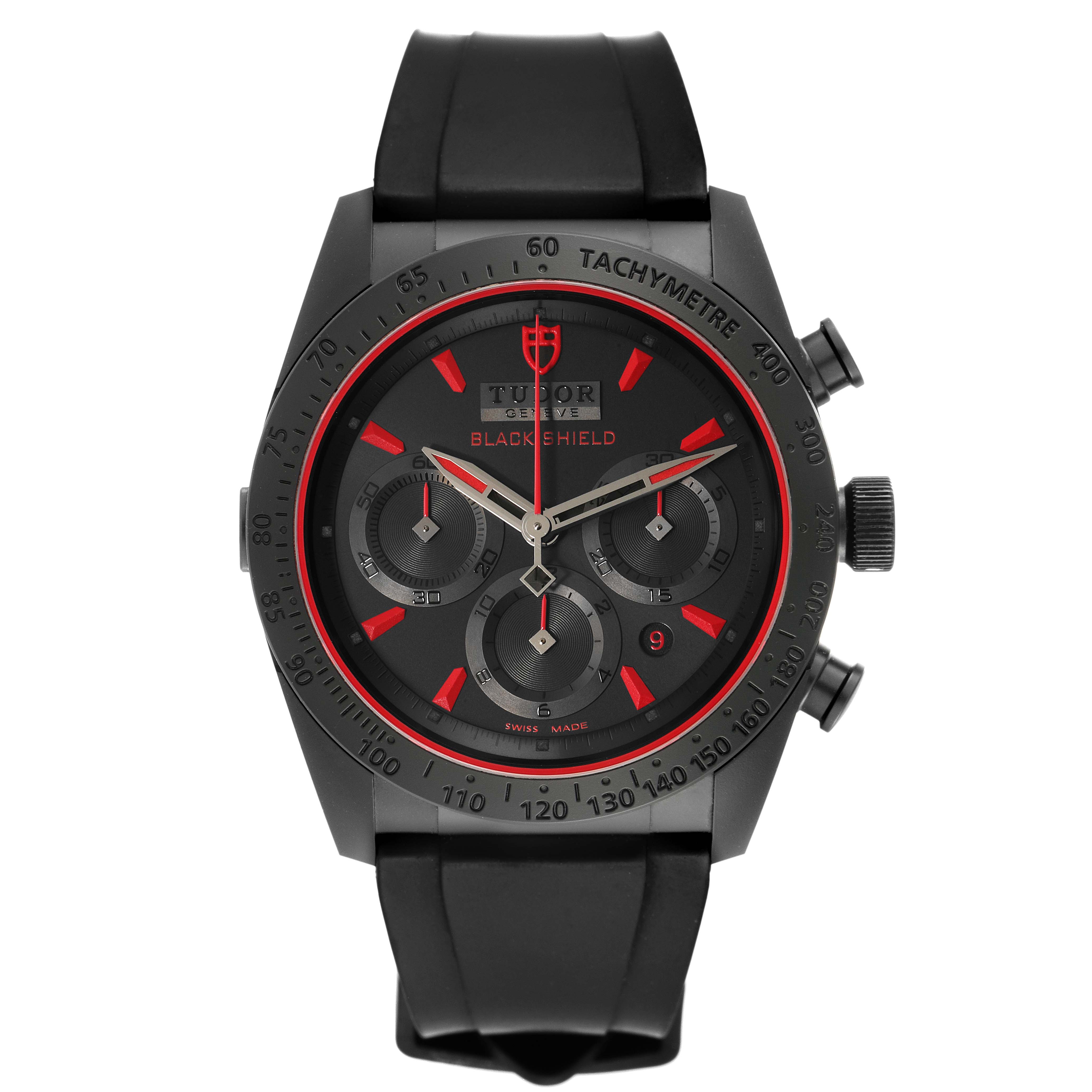 This image shows a front view of the Tudor Fastrider 42000CR Men's Ceramic Black Dial 42000CR Men's Ceramic Black Dial Black Shield watch featuring its black and red dial with three subdials.