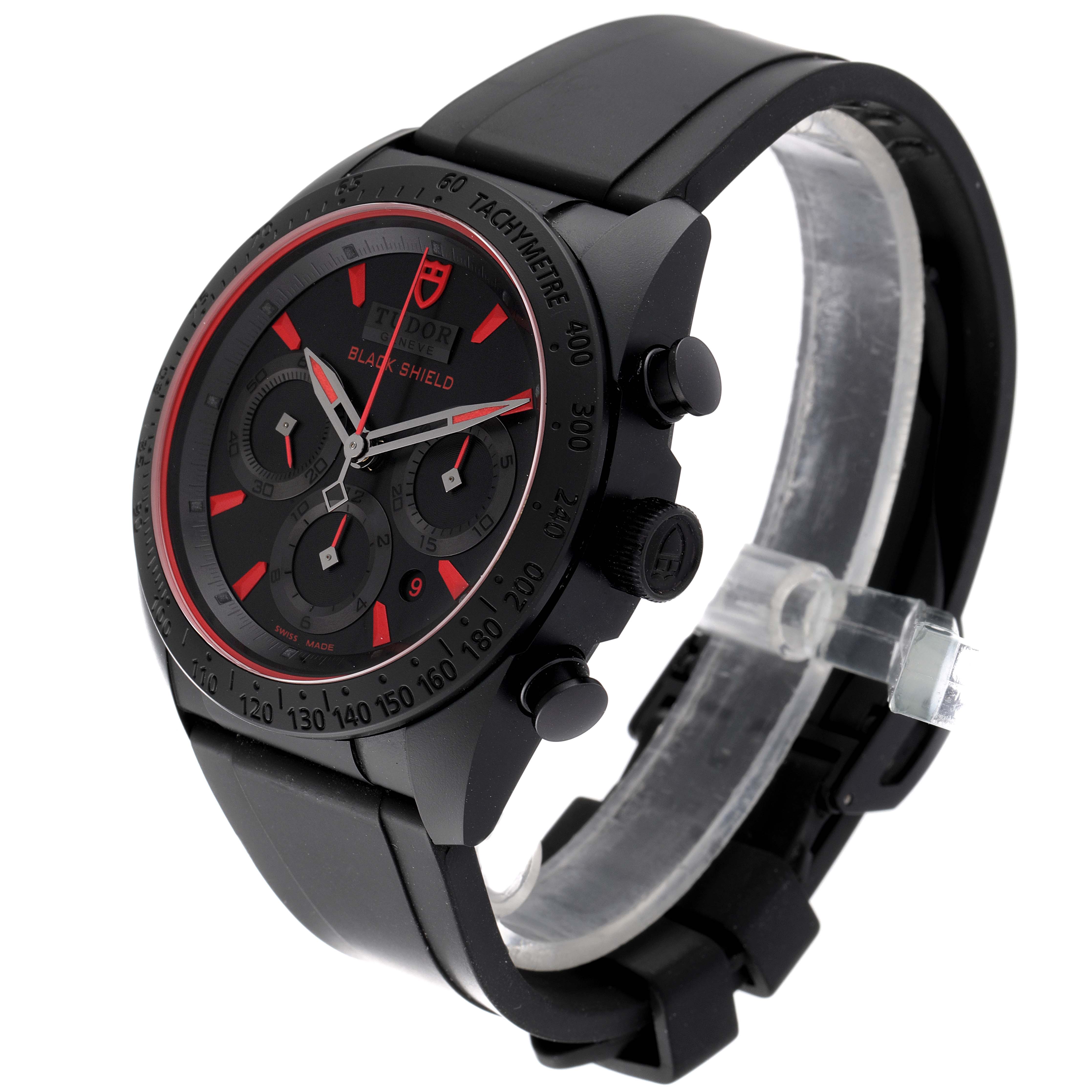 This image shows a side view of the Tudor Fastrider 42000CR Men's Ceramic Black Dial 42000CR Men's Ceramic Black Dial Black Shield watch, highlighting its face, bezel, crown, and strap.