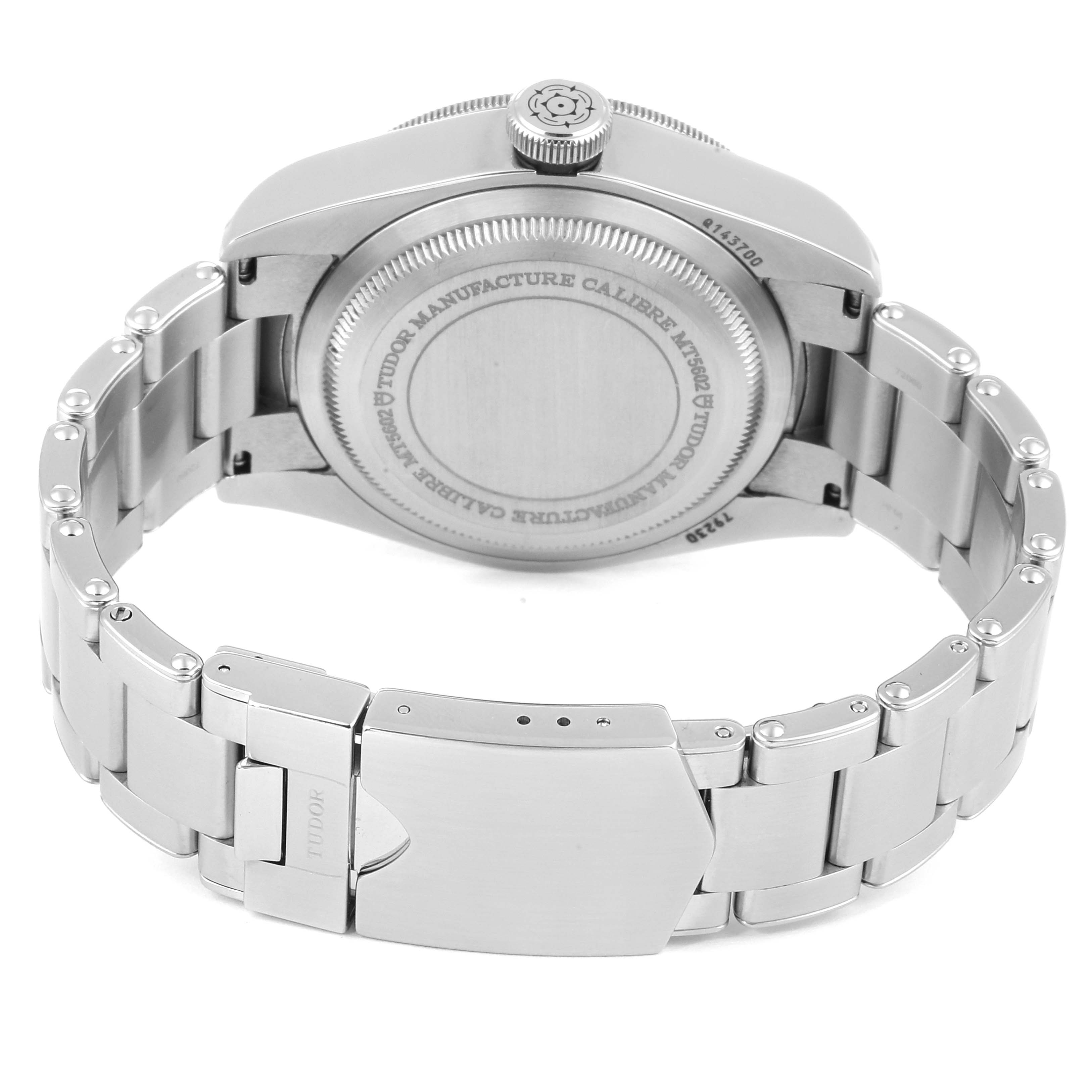 This image shows the back view of the Tudor Heritage Black Bay 79230B Men's Stainless Steel Black Dial 79230B Men's Stainless Steel Black Dial watch, highlighting the case back and bracelet clasp.