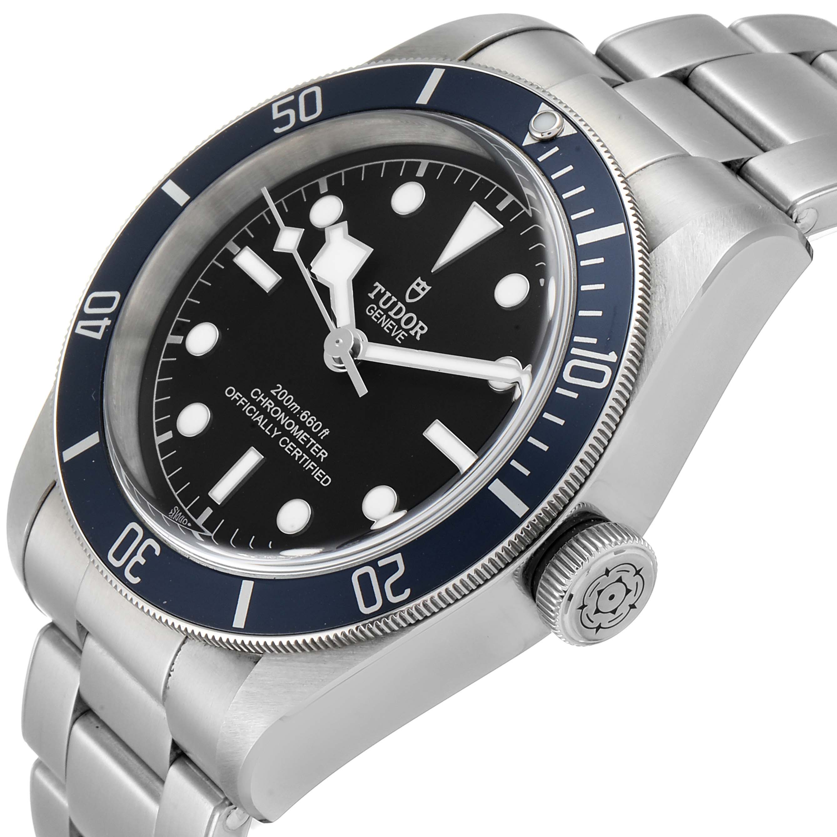 The image shows a side and front angle of the Tudor Heritage Black Bay 79230B Men's Stainless Steel Black Dial 79230B Men's Stainless Steel Black Dial watch, displaying the bezel, dial, bracelet, and crown.