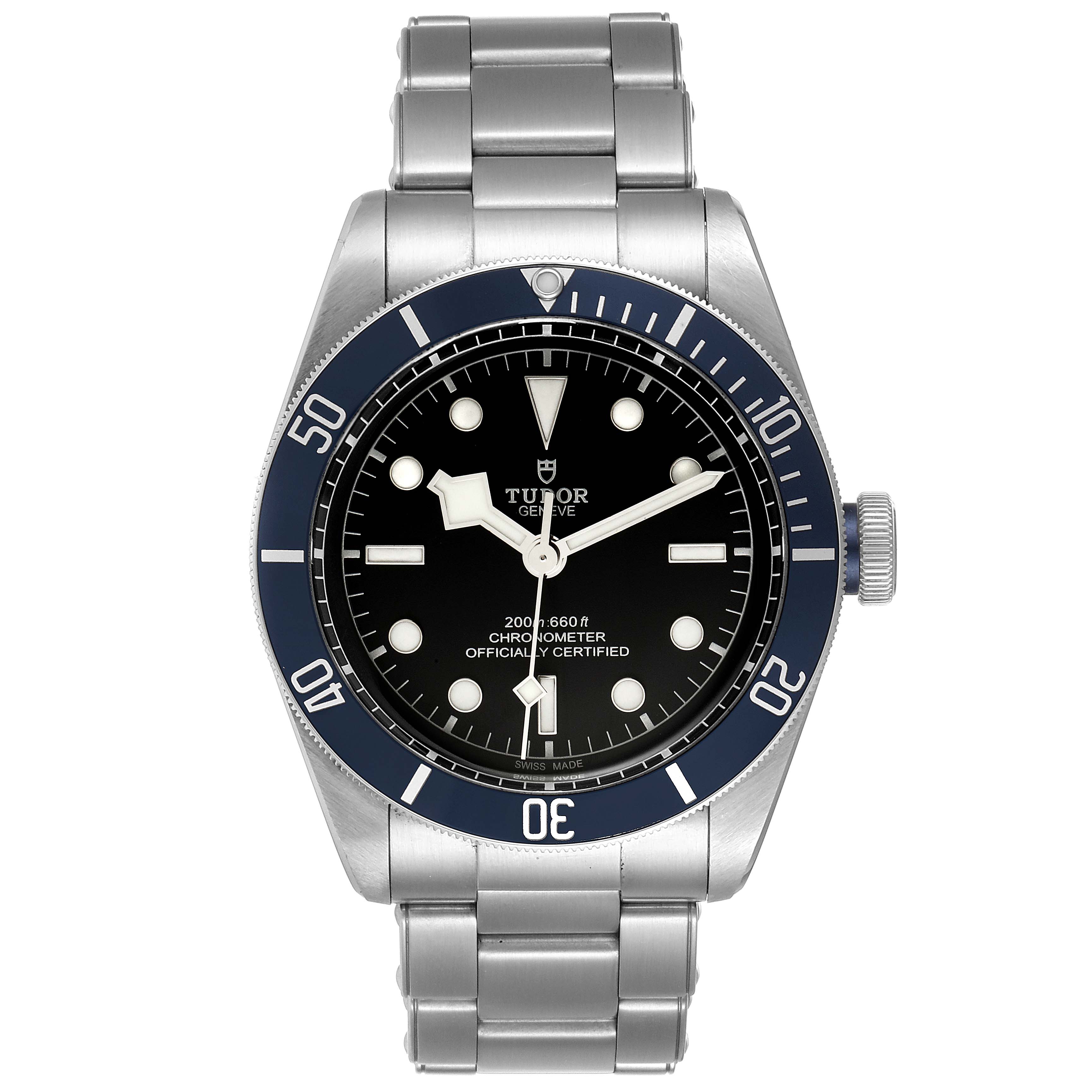 This image shows a front view of the Tudor Heritage Black Bay 79230B Men's Stainless Steel Black Dial 79230B Men's Stainless Steel Black Dial watch, including the dial, bezel, and stainless steel bracelet.
