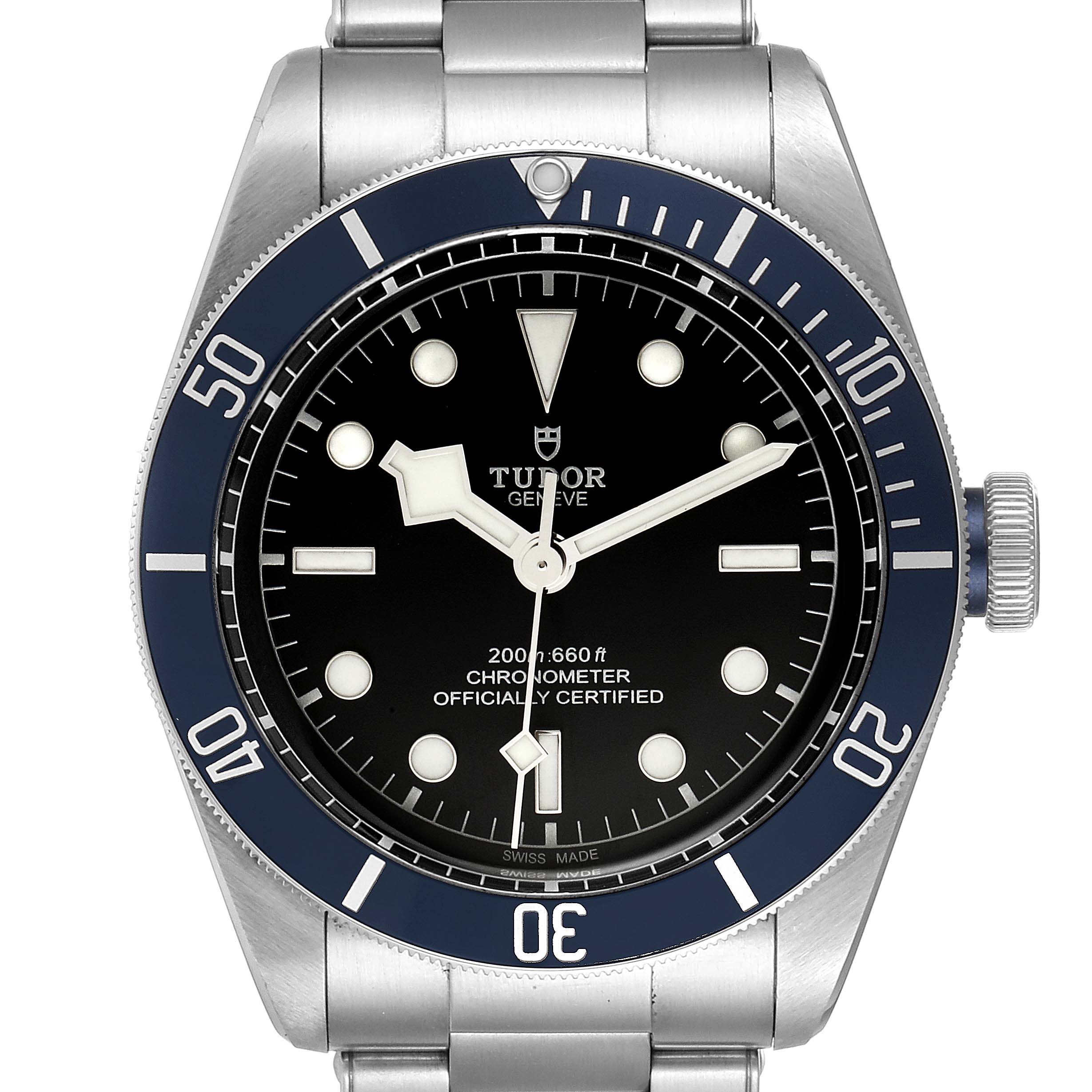 The image shows a front view of the Tudor Heritage Black Bay 79230B Men's Stainless Steel Black Dial 79230B Men's Stainless Steel Black Dial watch, displaying the dial, bezel, and crown.