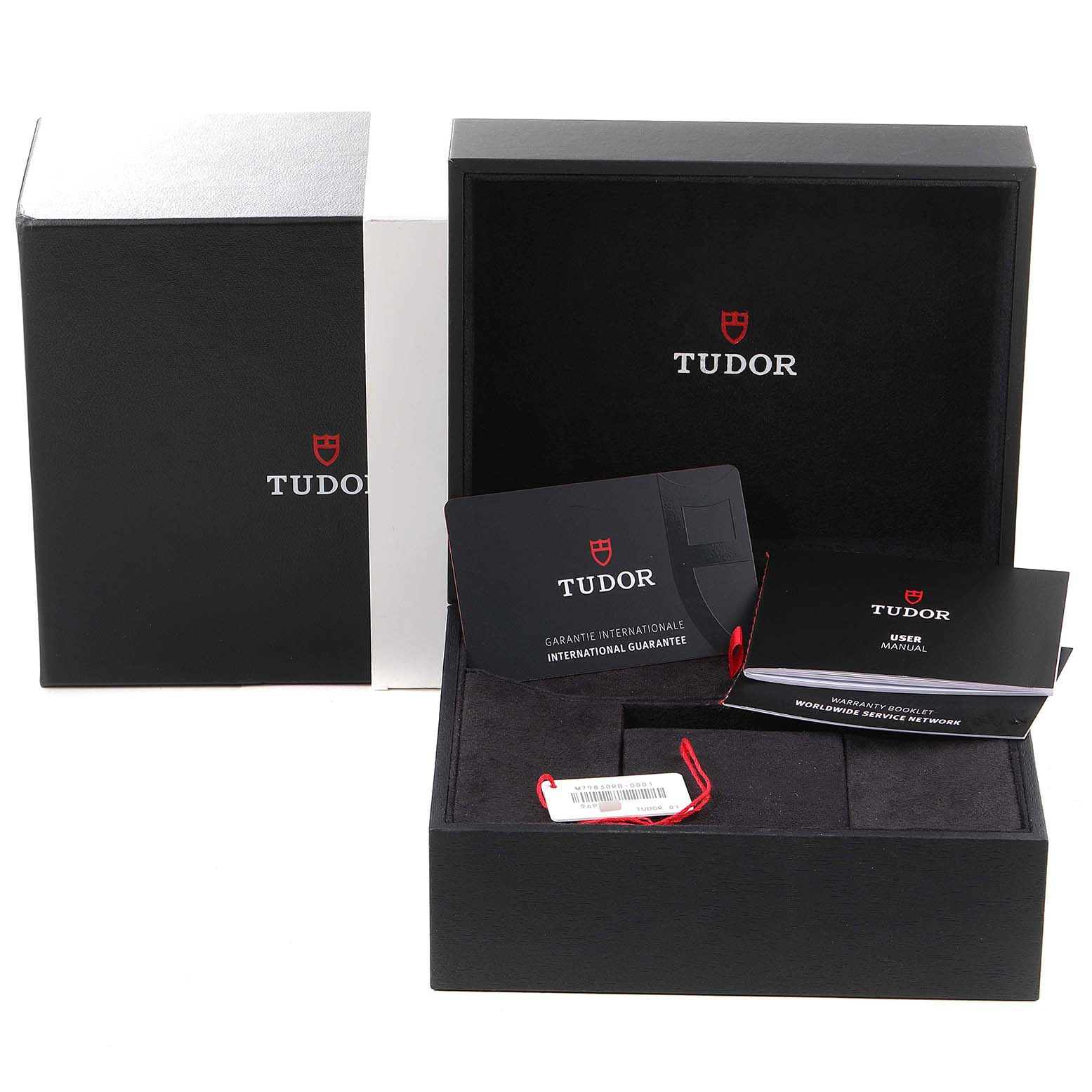 The image shows a Tudor Heritage Black Bay 79830RB Men's Stainless Steel Black Dial 79830RB Men's Stainless Steel Black Dial watch package, including the box, warranty card, user manual, and hang tag.