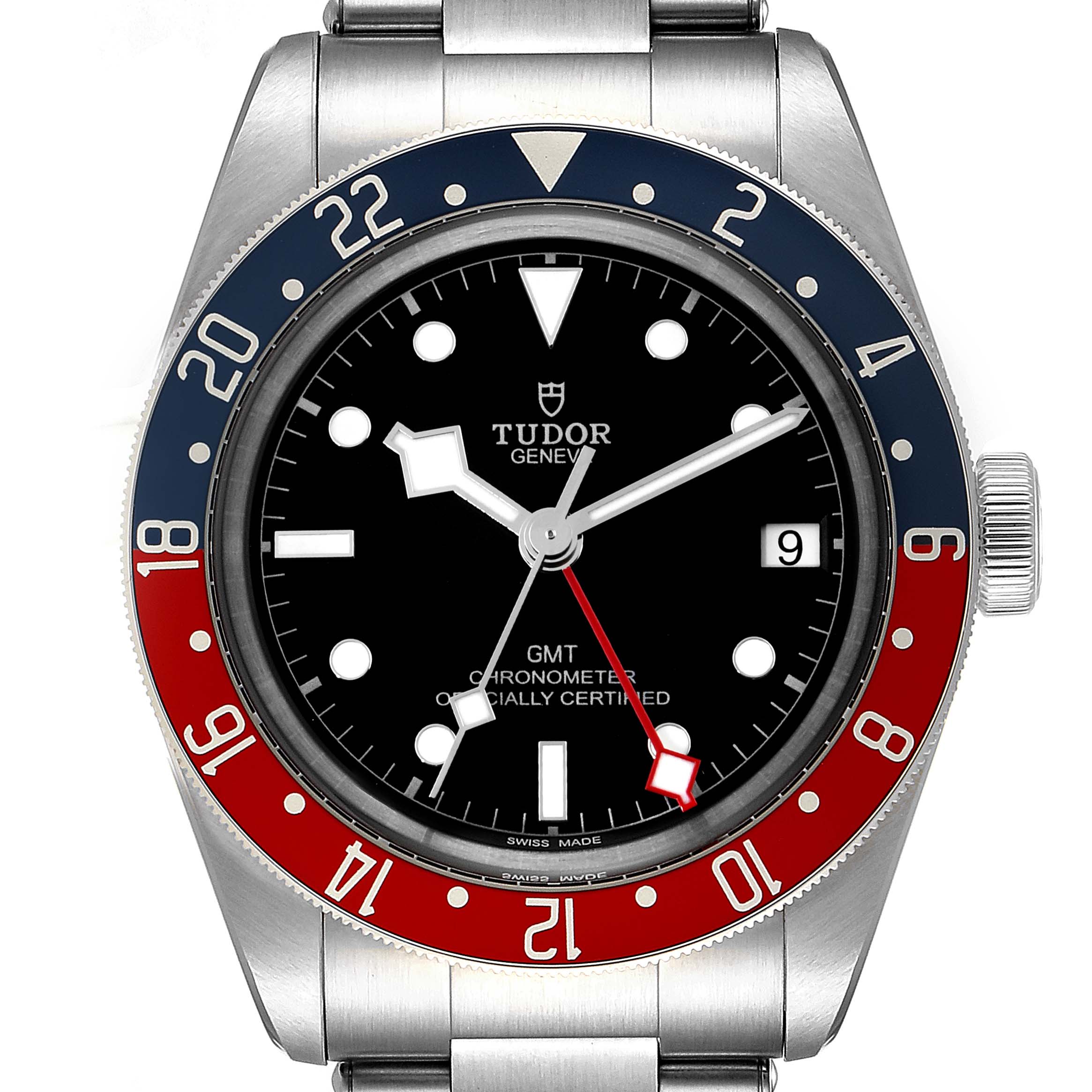 The image shows a front view of the Tudor Heritage Black Bay 79830RB Men's Stainless Steel Black Dial 79830RB Men's Stainless Steel Black Dial watch, displaying its dial, bezel, and part of the bracelet.