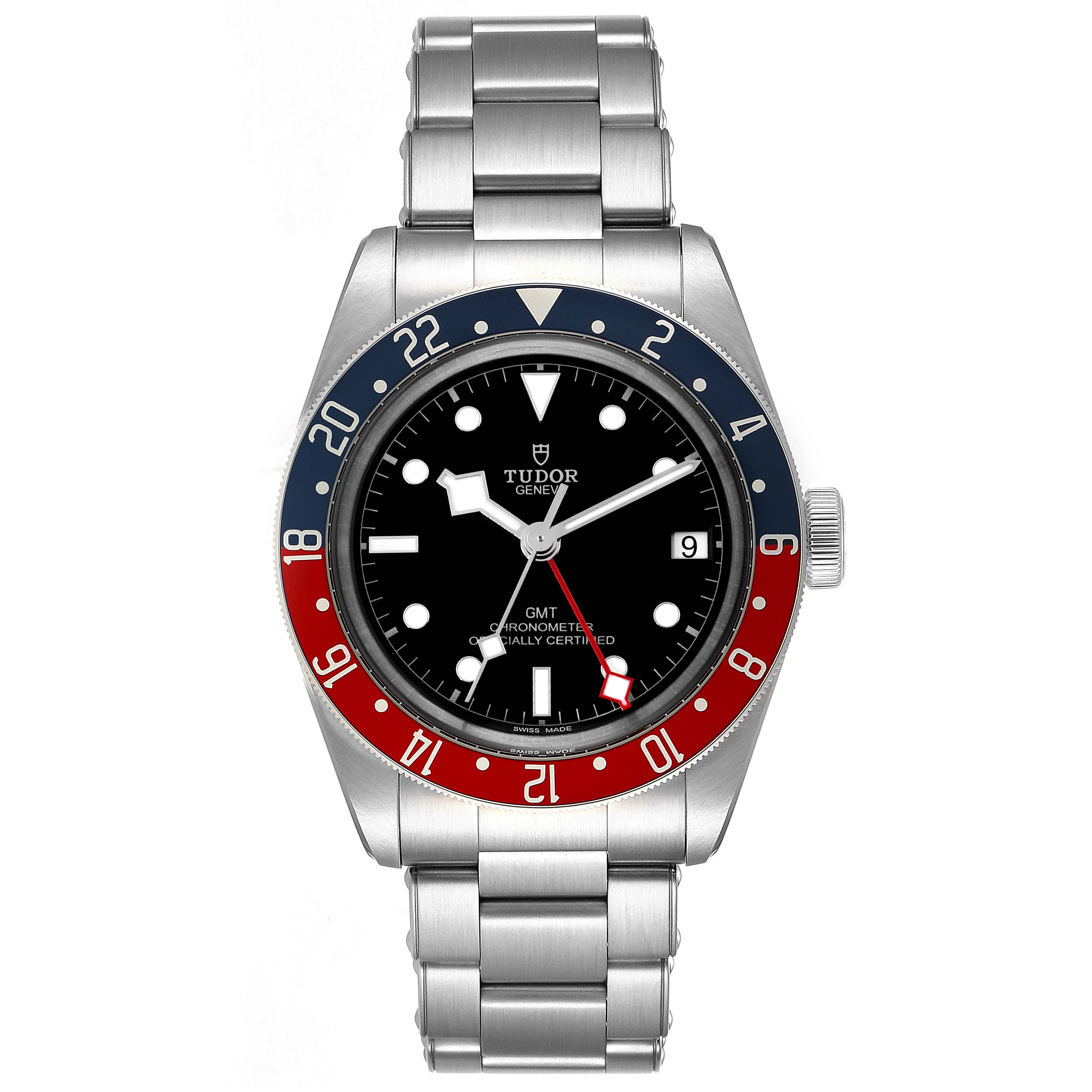 The image shows a front view of the Tudor Heritage Black Bay 79830RB Men's Stainless Steel Black Dial 79830RB Men's Stainless Steel Black Dial watch with a blue and red bezel and a stainless steel bracelet.