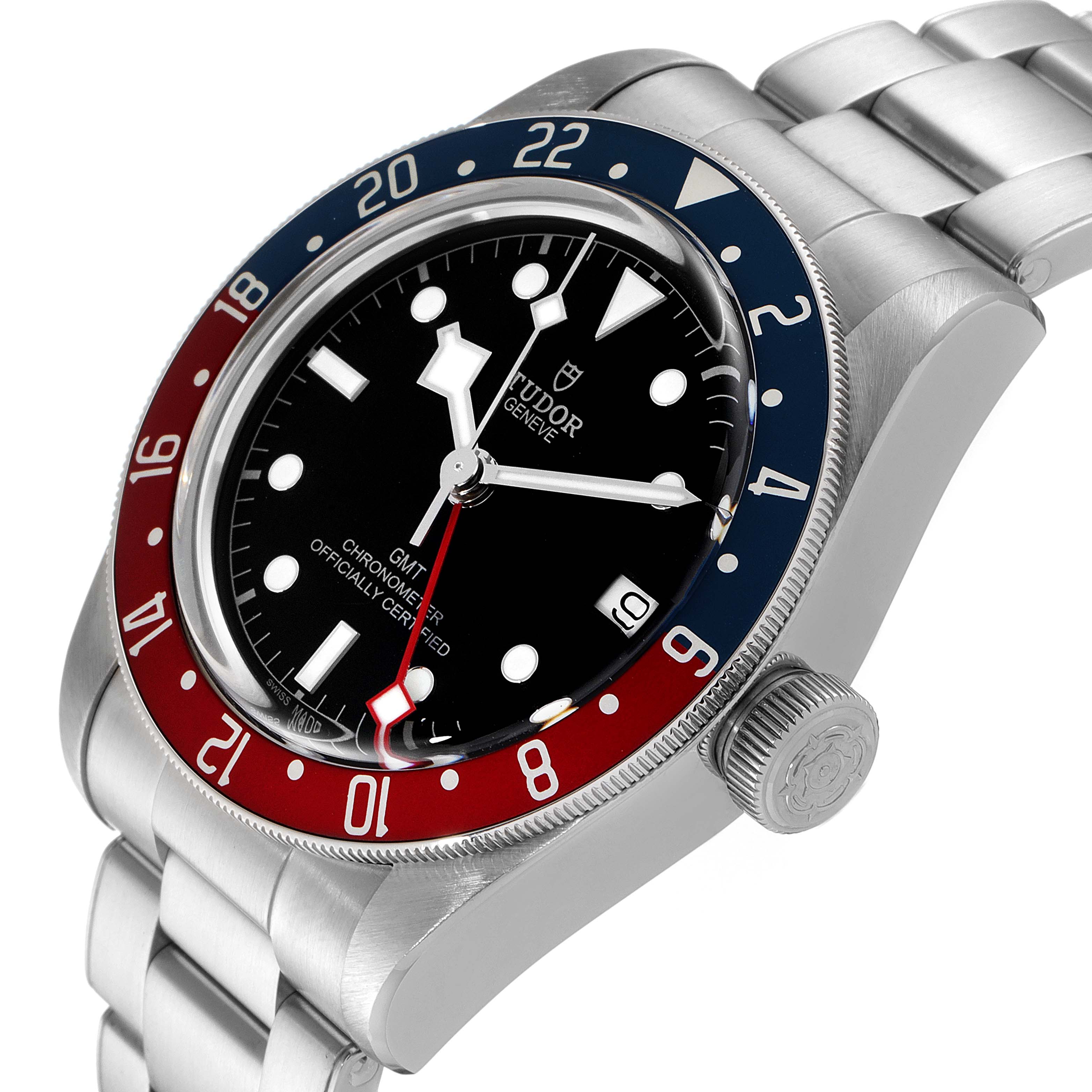 The image shows a close-up angled view of the Tudor Heritage Black Bay 79830RB Men's Stainless Steel Black Dial 79830RB Men's Stainless Steel Black Dial GMT watch, displaying its dial, bezel, case, and bracelet.