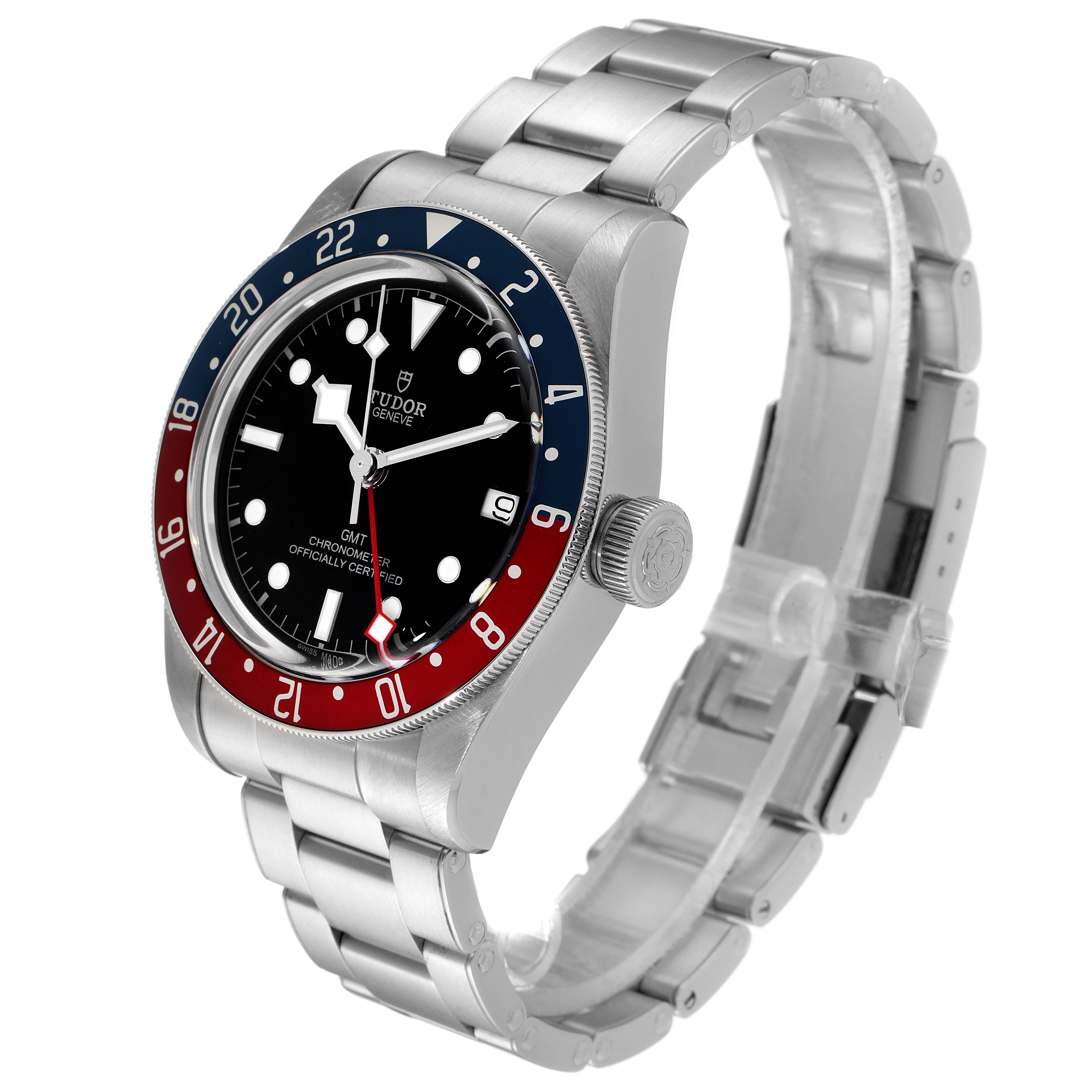 The image shows a Tudor Heritage Black Bay 79830RB Men's Stainless Steel Black Dial 79830RB Men's Stainless Steel Black Dial GMT watch from a slight side angle, highlighting the bezel, dial, crown, and bracelet.