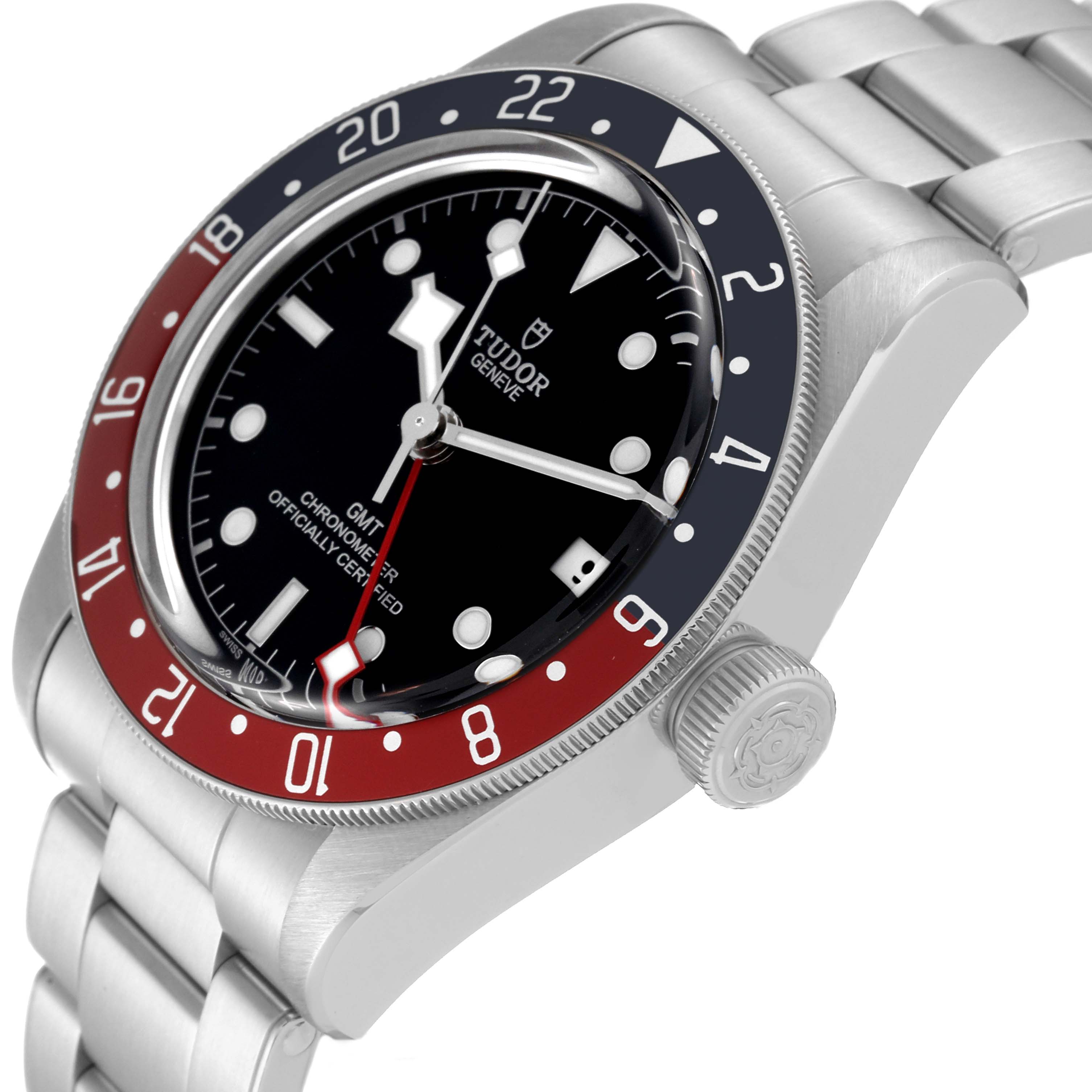 The image displays a Tudor Heritage Black Bay 79830RB Men
s Stainless Steel Black Dial 79830RB Men
s Stainless Steel Black Dial watch angled to show the face, bezel, crown, and part of the bracelet.