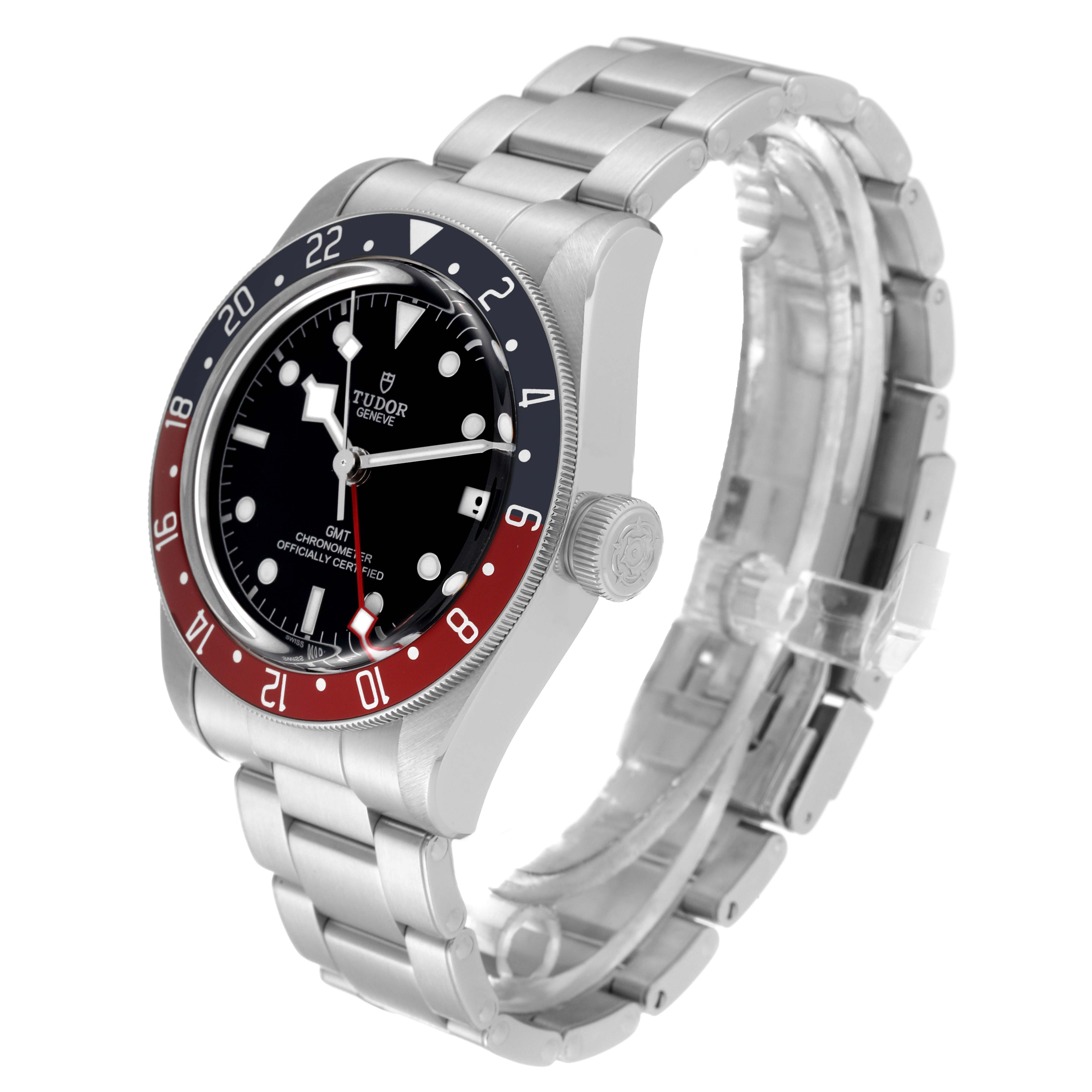 The Tudor Heritage Black Bay 79830RB Men
s Stainless Steel Black Dial 79830RB Men
s Stainless Steel Black Dial watch is shown at a three-quarter view, highlighting the face, bezel, crown, and metal bracelet.