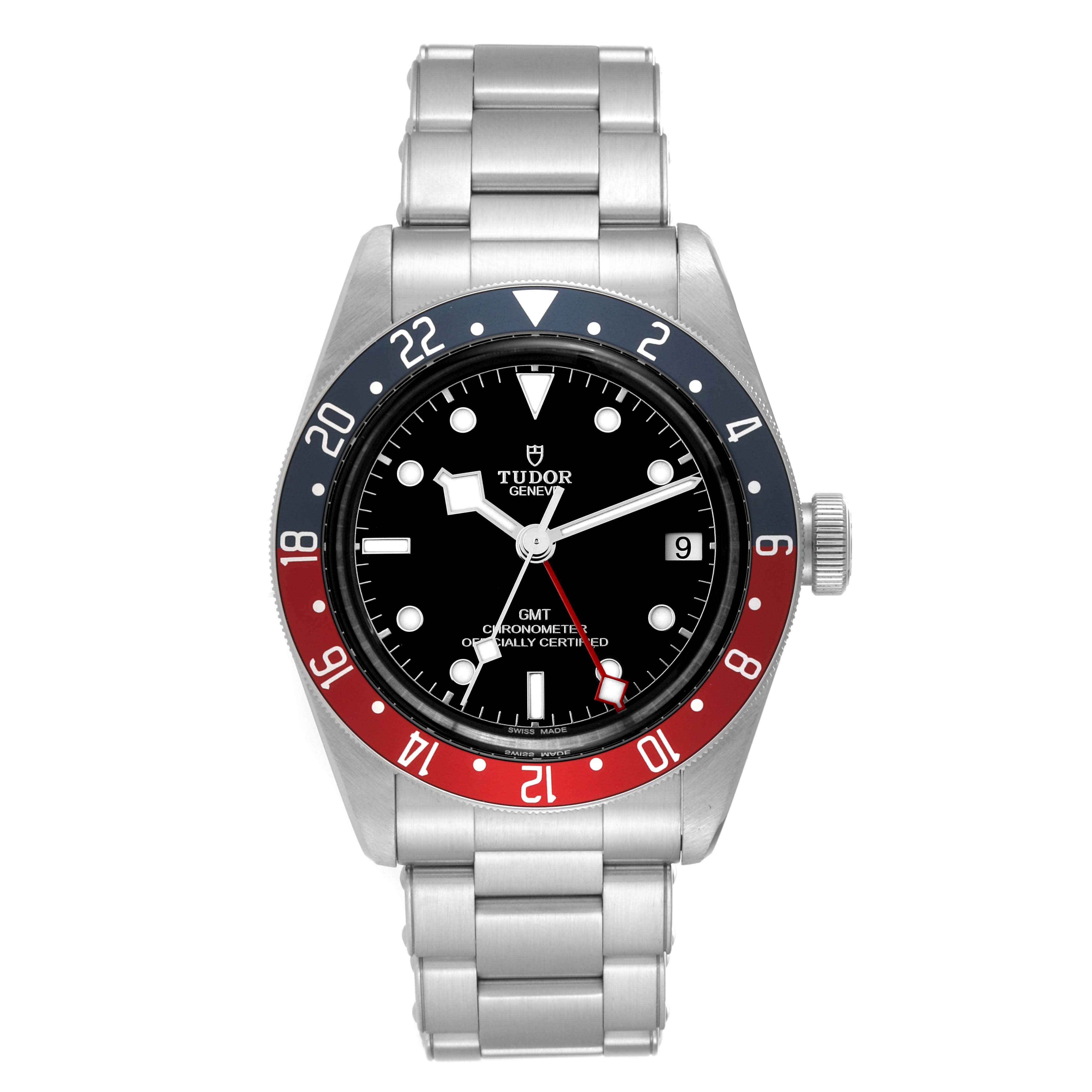 The Tudor Heritage Black Bay 79830RB Men
s Stainless Steel Black Dial 79830RB Men
s Stainless Steel Black Dial watch is shown from a front angle displaying the face, bezel, and stainless steel bracelet.