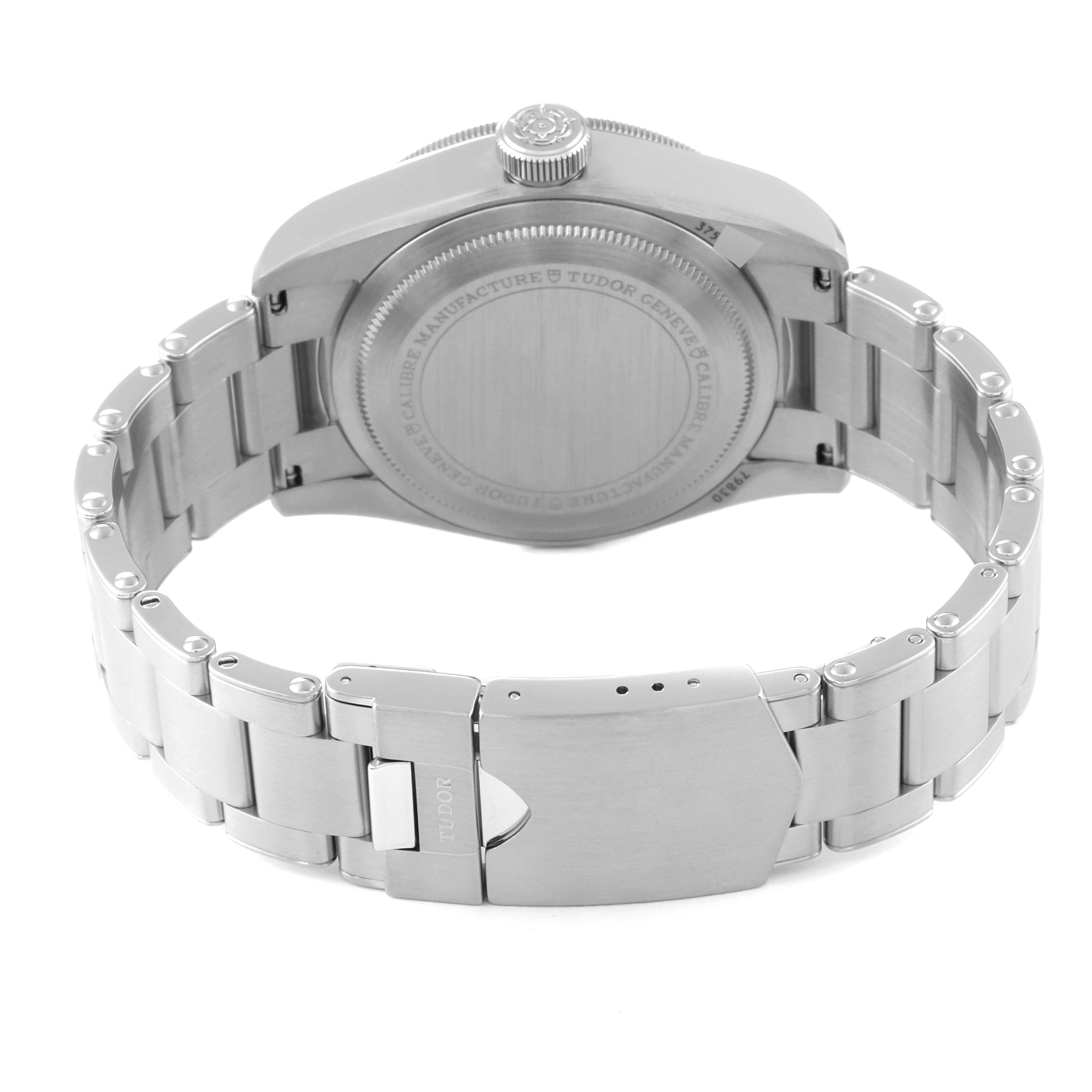This image shows the back and bracelet clasp of a Tudor Heritage Black Bay 79830RB Men
s Stainless Steel Black Dial 79830RB Men
s Stainless Steel Black Dial watch from a rear angle.