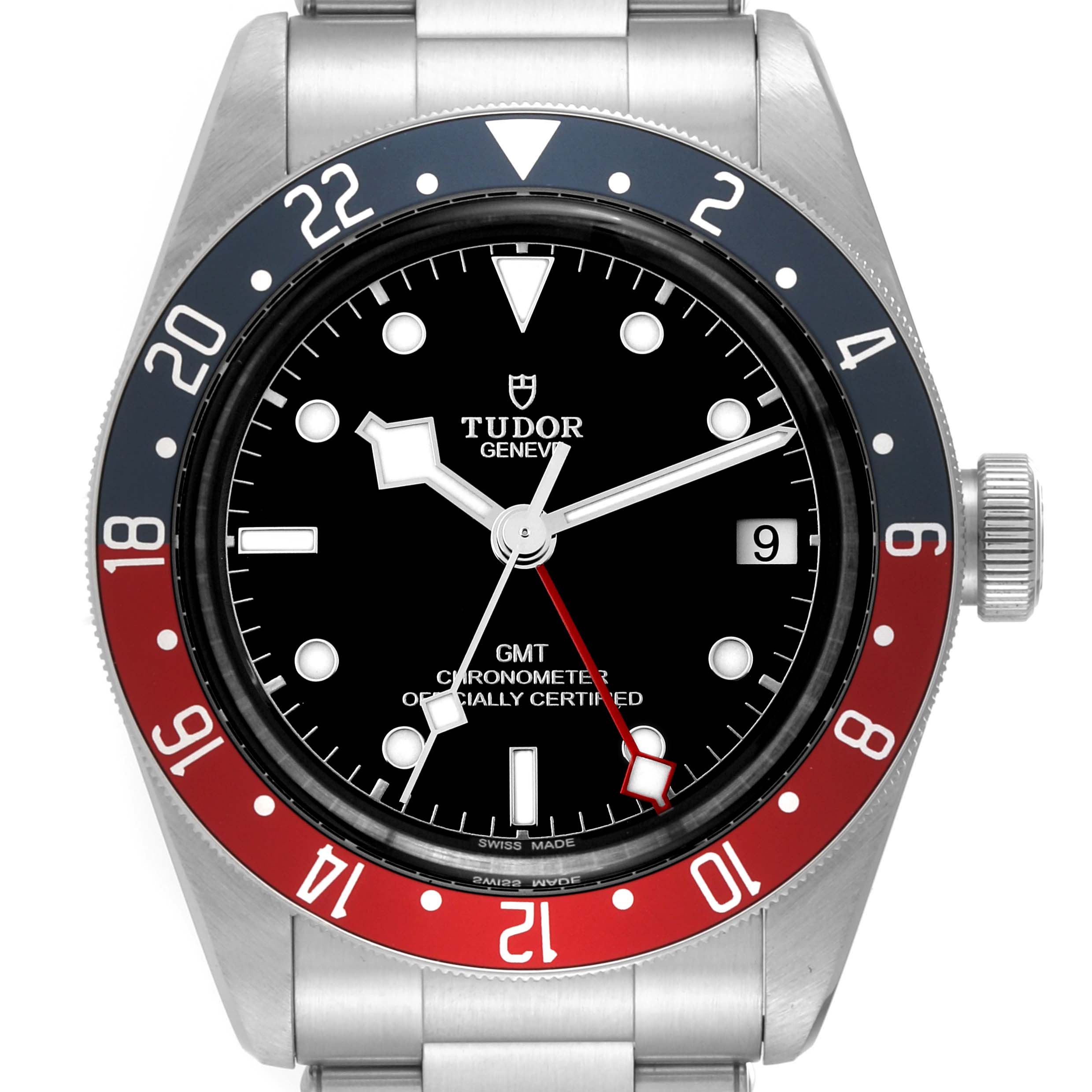 Front view of the Tudor Heritage Black Bay 79830RB Men
s Stainless Steel Black Dial 79830RB Men
s Stainless Steel Black Dial watch, showing the bezel, dial, and bracelet.