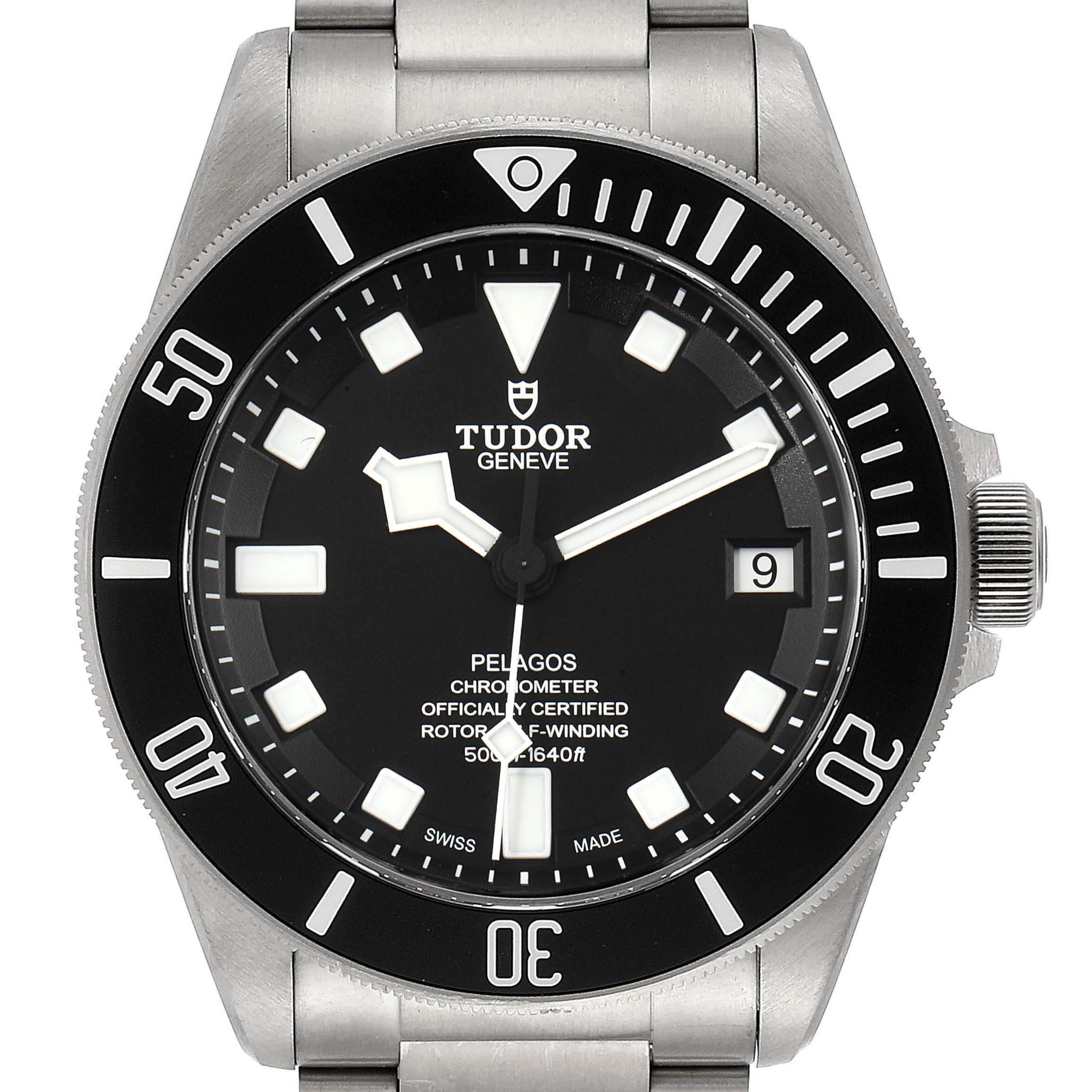 The image shows a front view of the Tudor Pelagos 25500TN Men's Titanium Black Dial 25500TN Men's Titanium Black Dial watch, highlighting its dial, bezel, and partial stainless steel bracelet.