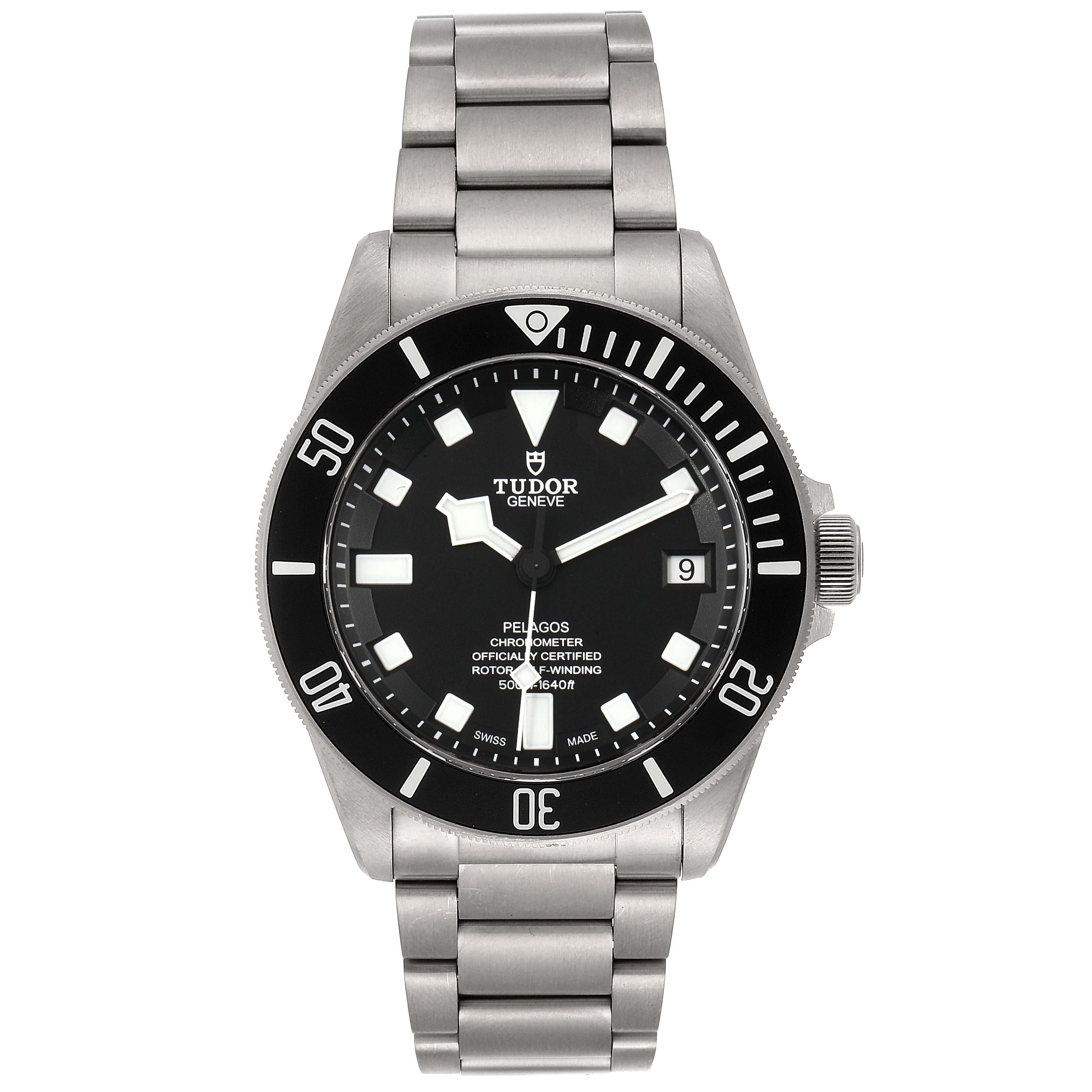 This image shows a front view of a Tudor Pelagos 25500TN Men's Titanium Black Dial 25500TN Men's Titanium Black Dial watch, showcasing its dial, bezel, and metal bracelet.