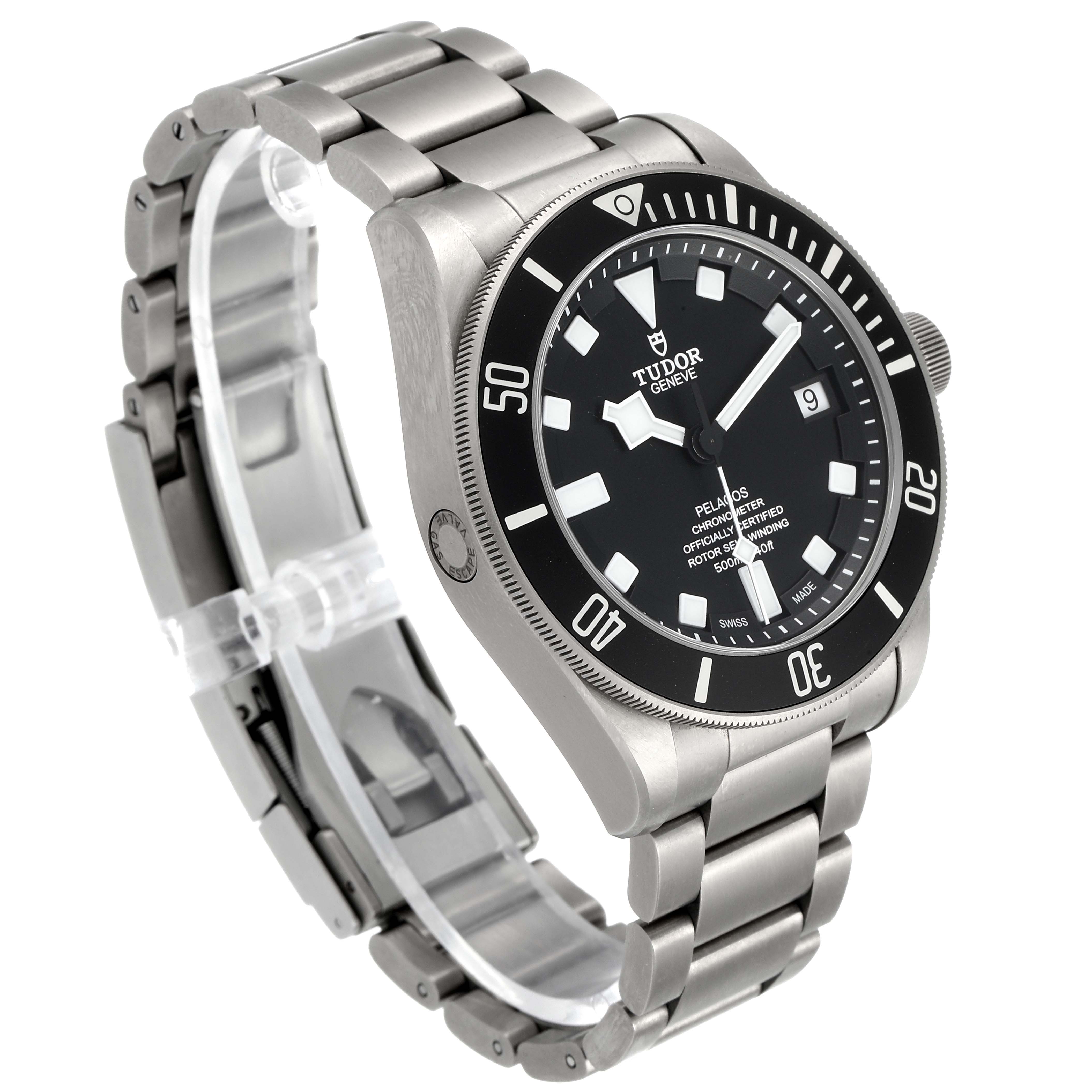 This image shows a Tudor Pelagos 25500TN Men's Titanium Black Dial 25500TN Men's Titanium Black Dial watch at a slight front-angle, displaying its face, bezel, and metal bracelet.
