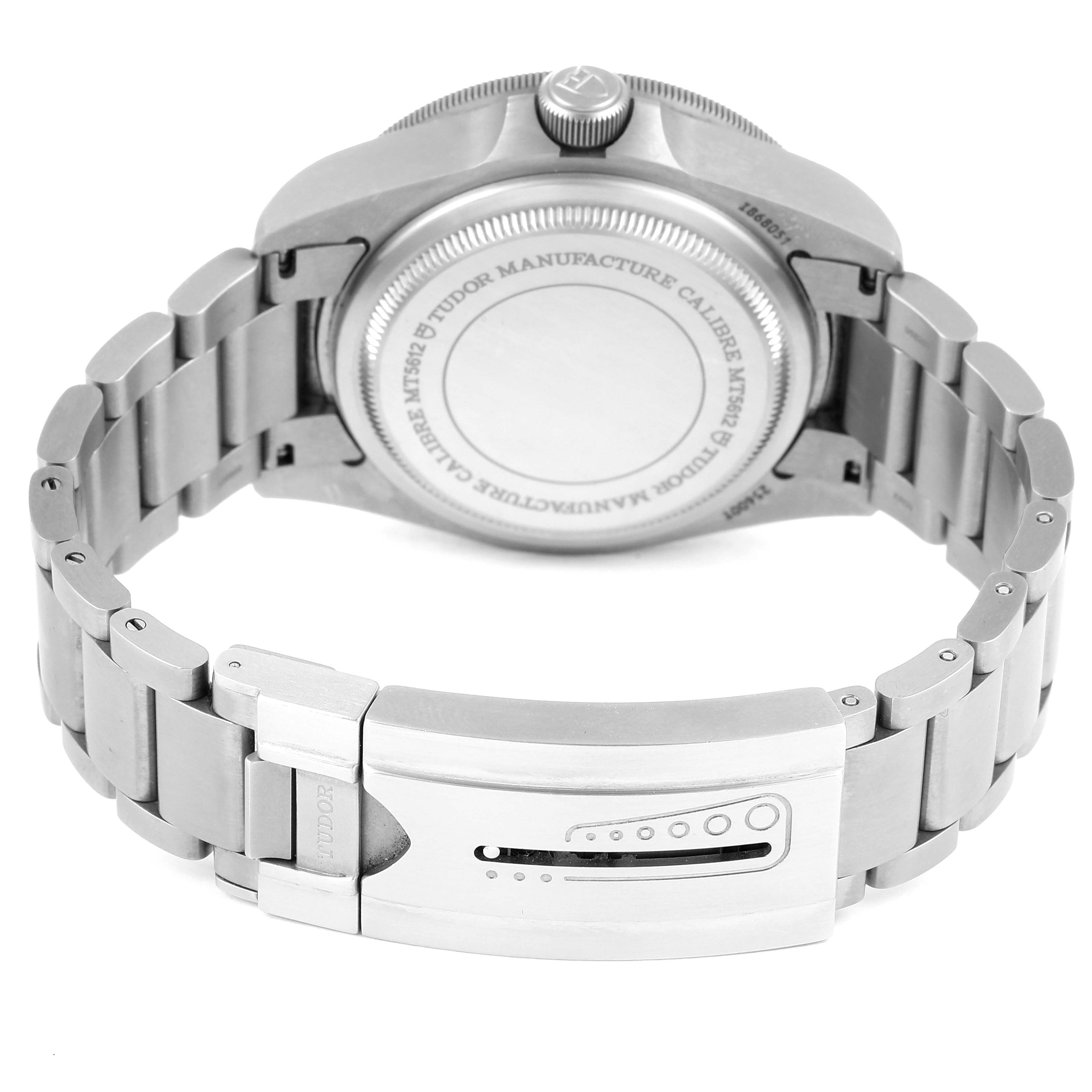 The image shows the back case, crown, and metal bracelet of a Tudor Pelagos 25500TN Men's Titanium Black Dial 25500TN Men's Titanium Black Dial watch from a rear angle.