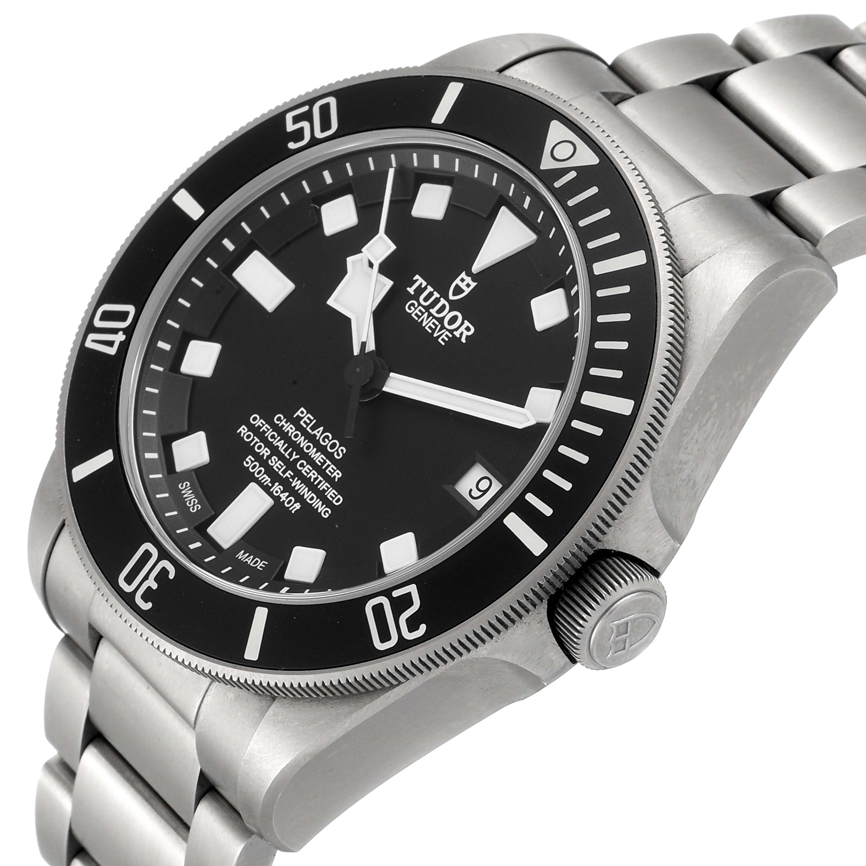 The image shows a Tudor Pelagos 25500TN Men's Titanium Black Dial 25500TN Men's Titanium Black Dial watch at a slight angle, highlighting the dial, bezel, crown, and part of the bracelet.