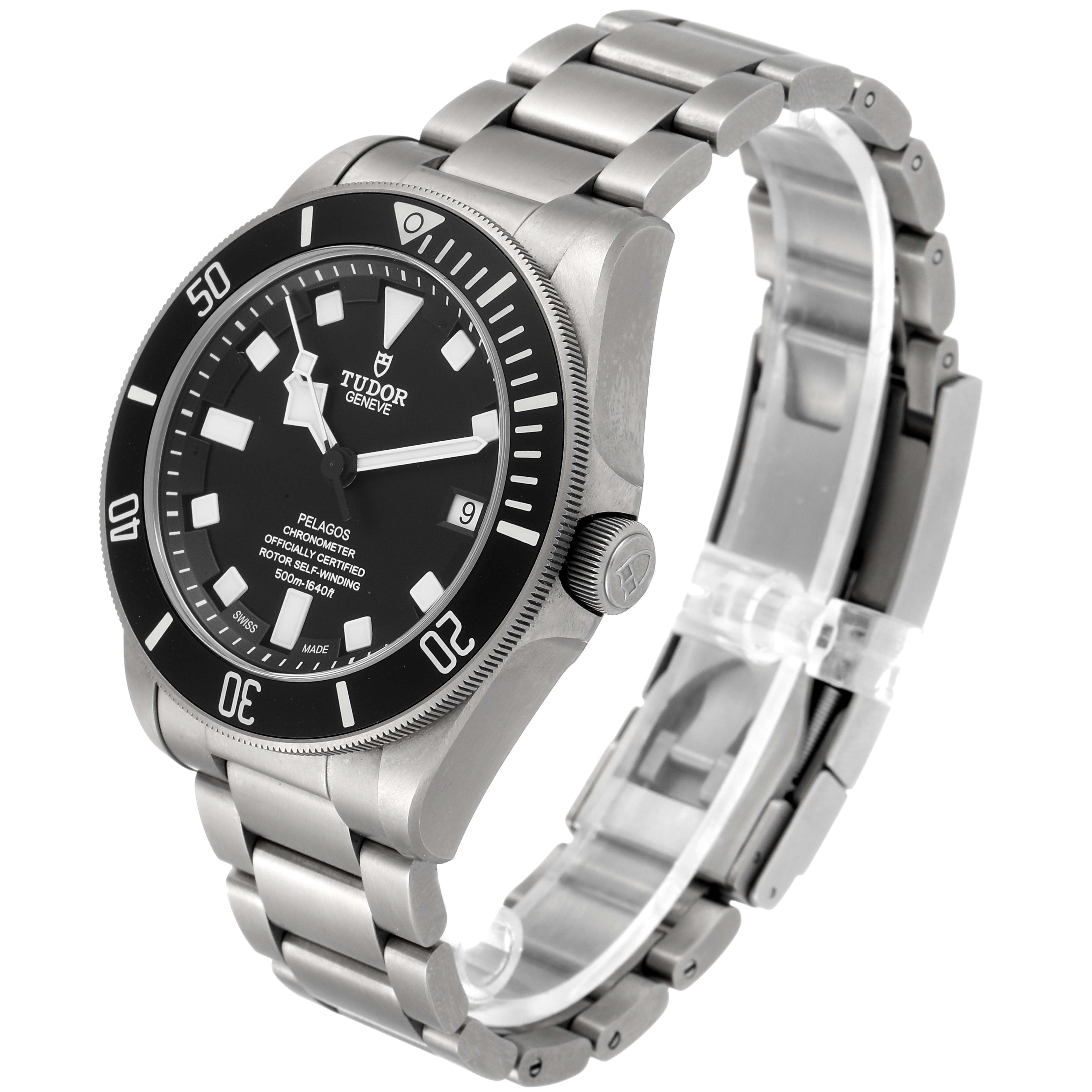 The Tudor Pelagos 25500TN Men's Titanium Black Dial 25500TN Men's Titanium Black Dial watch is shown at a slight angle, featuring the face, bezel, crown, and stainless steel bracelet.