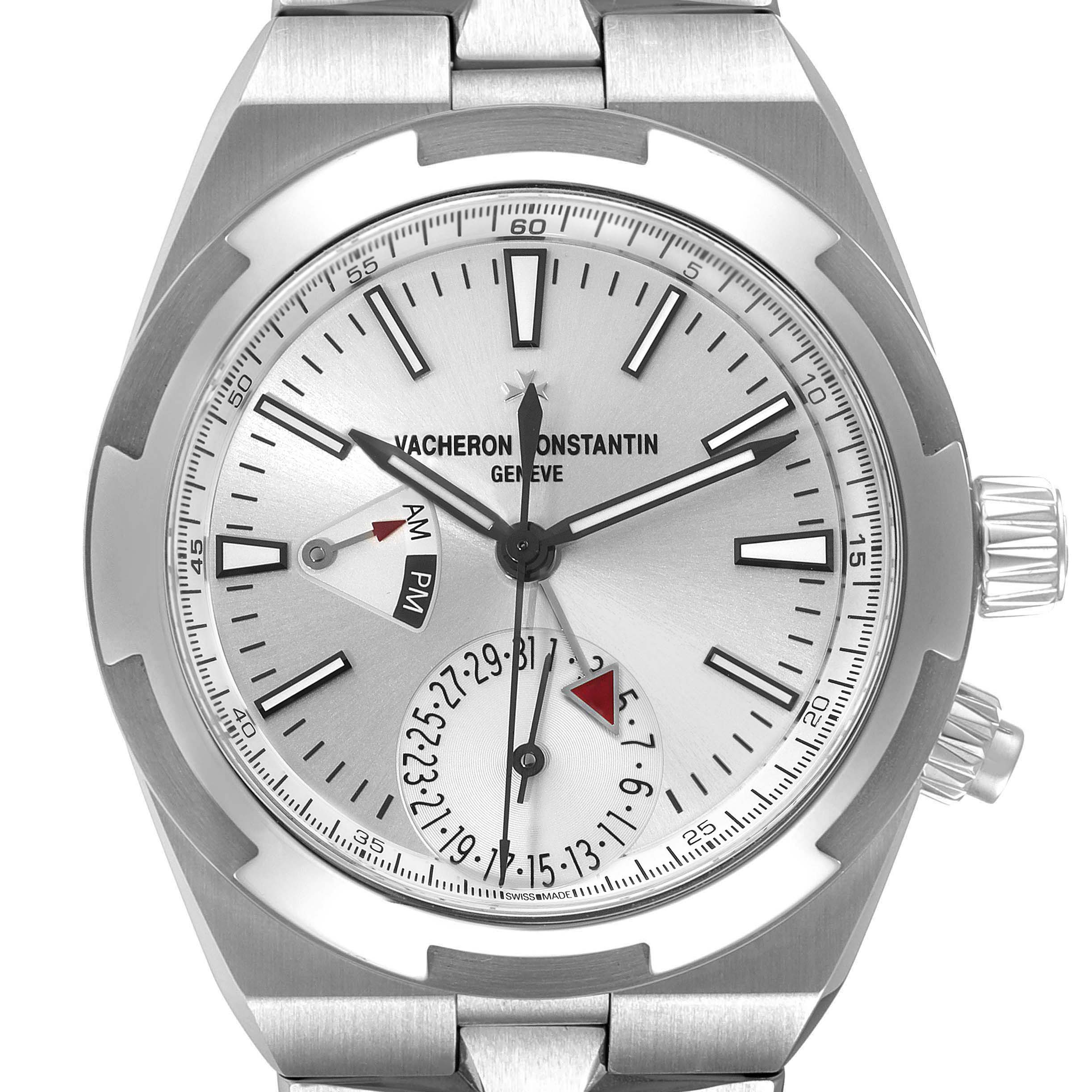 The image shows a front angle view of the Vacheron Constantin Overseas 7900V/110A-B333 Men's Stainless Steel Silver Dial 7900V/110A-B333 Men's Stainless Steel Silver Dial watch, highlighting the dial, hands, and date subdial.