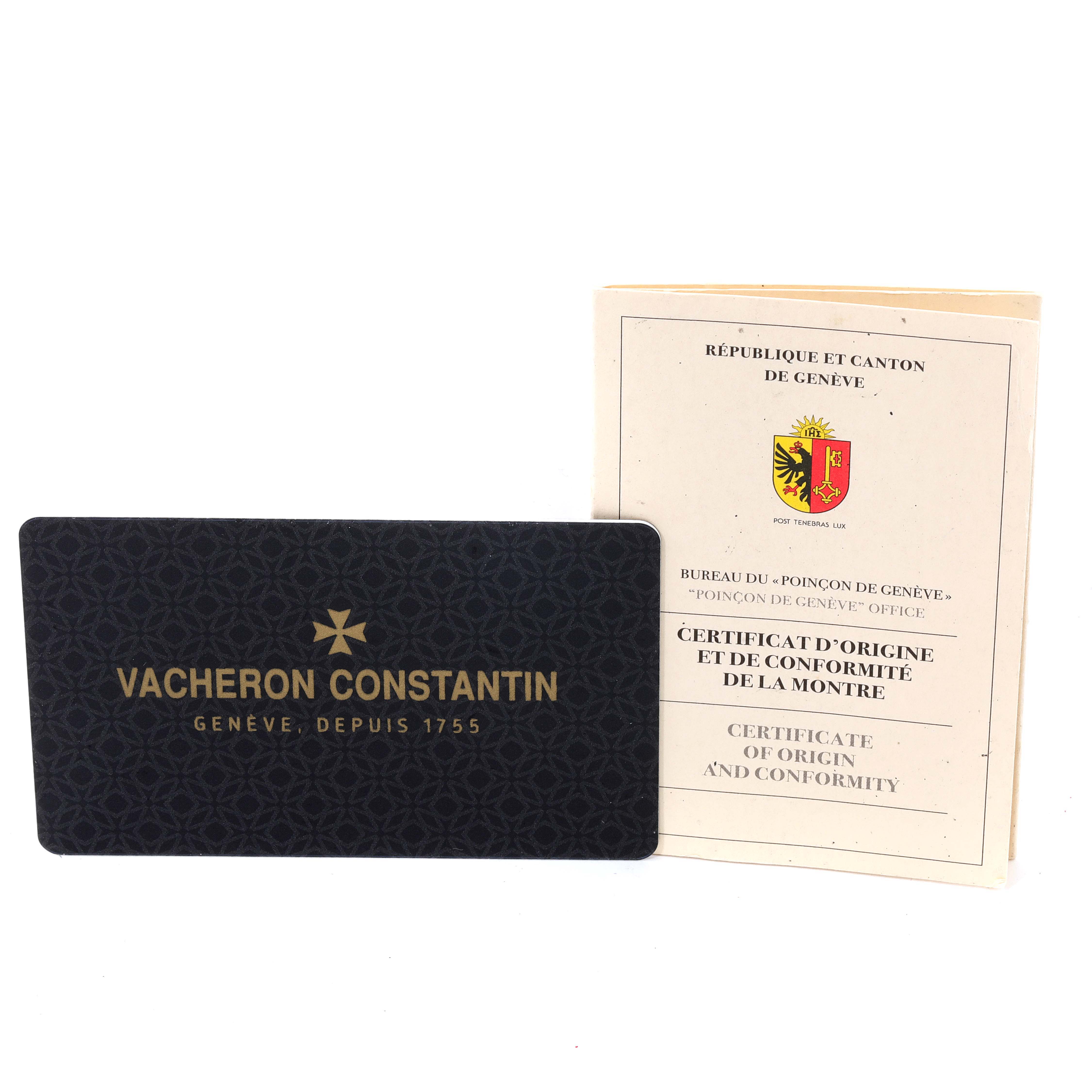 The image shows the warranty card and certificate of origin for the Vacheron Constantin Overseas 7900V/110A-B333 Men's Stainless Steel Silver Dial 7900V/110A-B333 Men's Stainless Steel Silver Dial model.